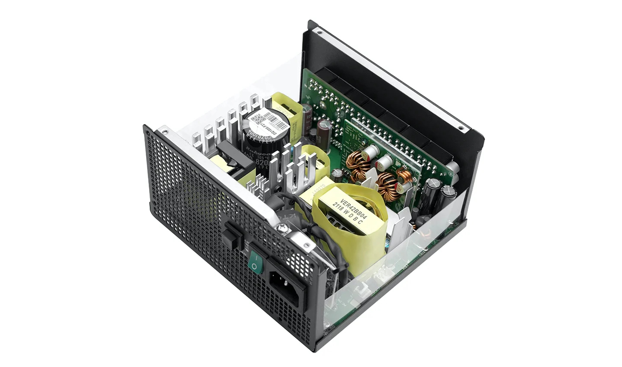 Computer power supply with the cover removed, showing internal components.