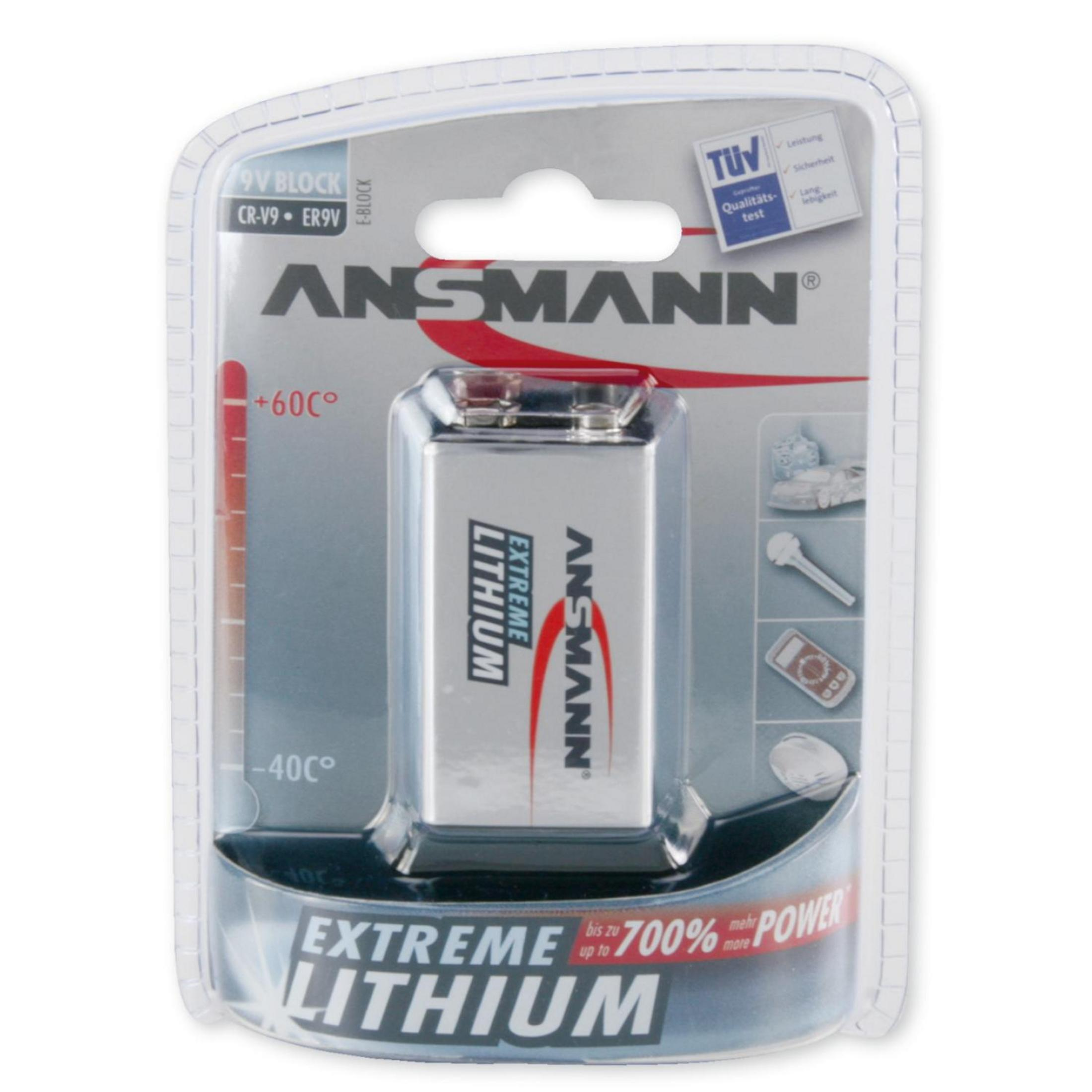 Een 9V-batterij in een transparante plastic verpakking met branding en temperatuurschalen.