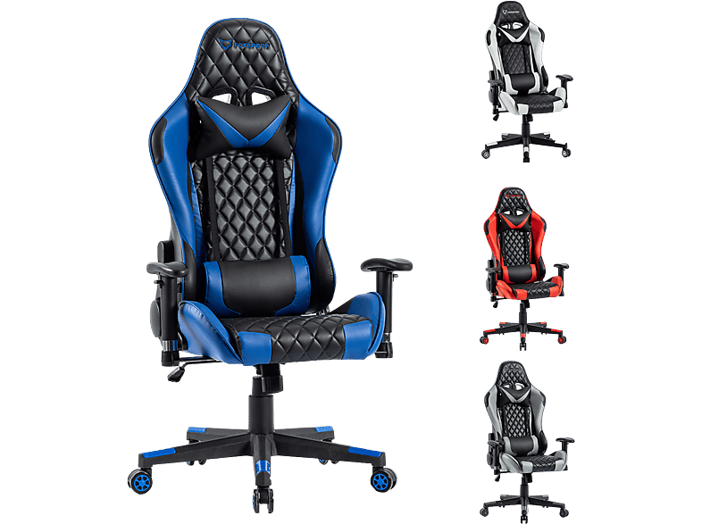 IKIDO Professioneller Gaming-Stuhl mit Kopfstütze und Taillenkissen, Bürostuhl, Schwarz/Blau Gamingstuhl, Blau