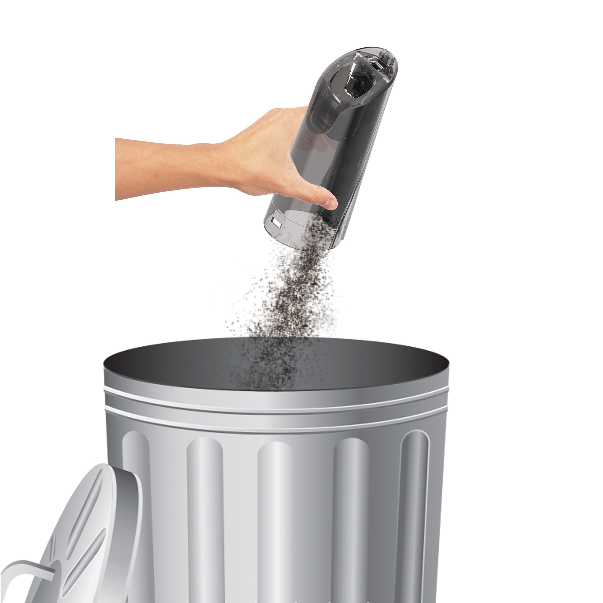 Mano che svuota un raccoglitore di polvere nero in un cestino metallico, sfondo bianco.