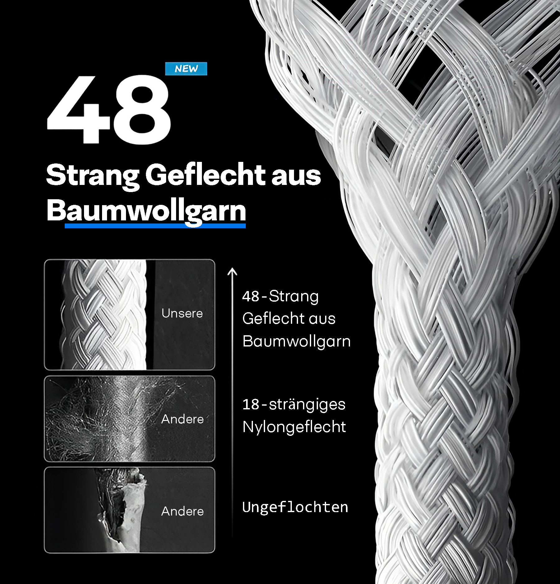 Geflochtenes weißes Seil mit Textinformationen über das Seil und Details.