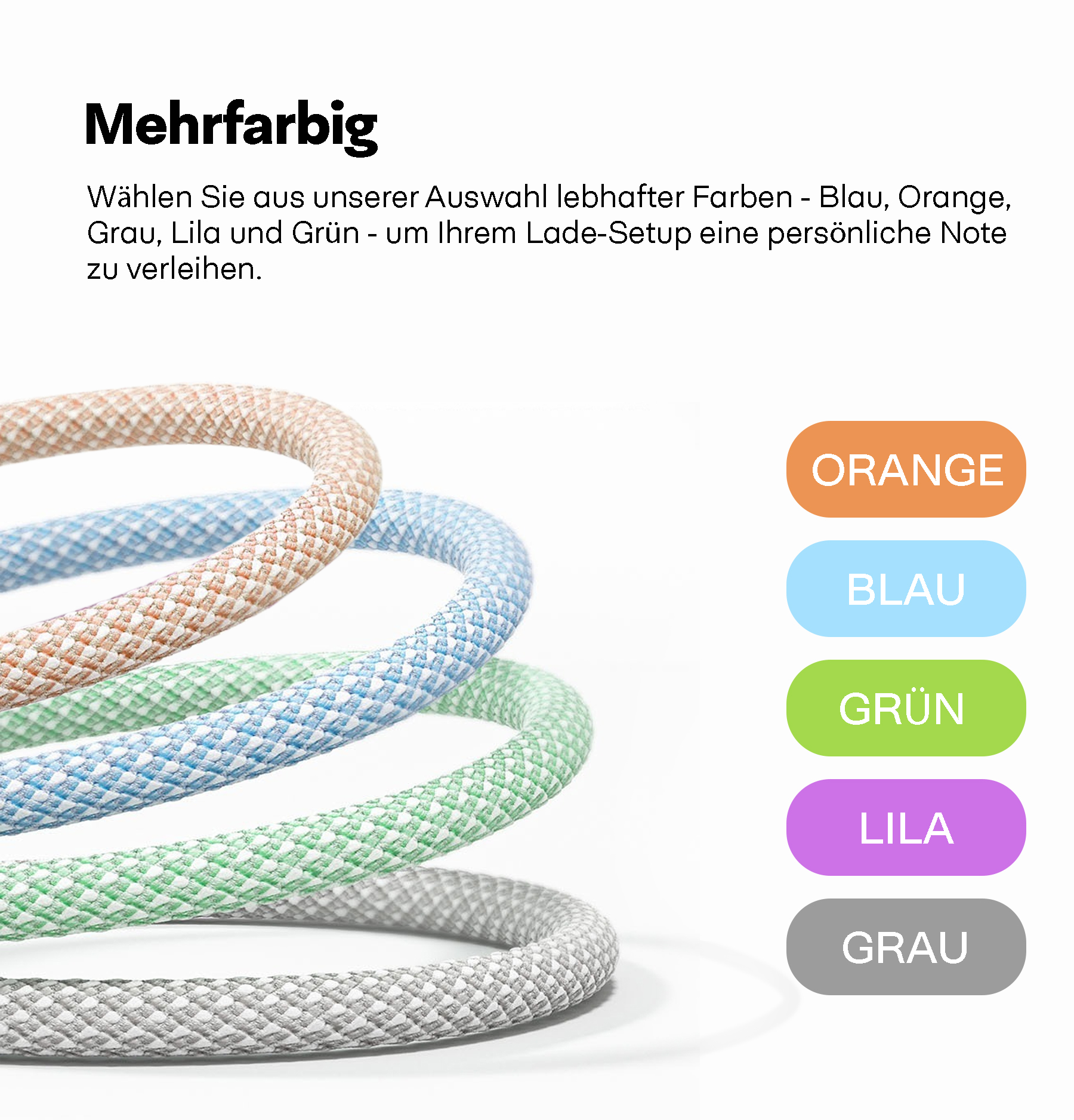 Fünf farbenfrohe Ladekabel: Orange, Blau, Grün, Lila und Grau.
