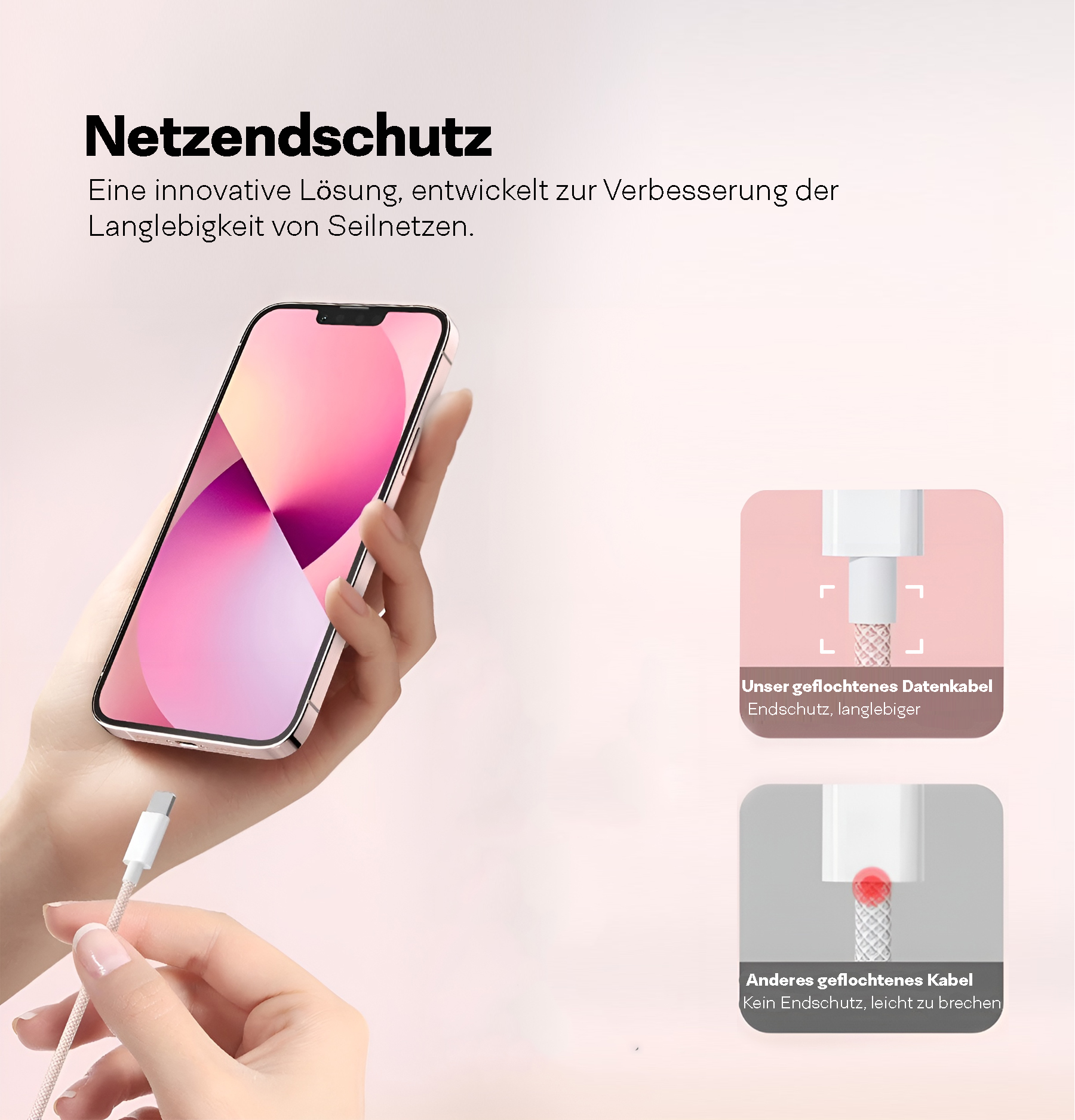 Eine Hand, die ein Telefon mit angeschlossenem Ladekabel hält. Text über die Haltbarkeit des Kabels wird gezeigt.