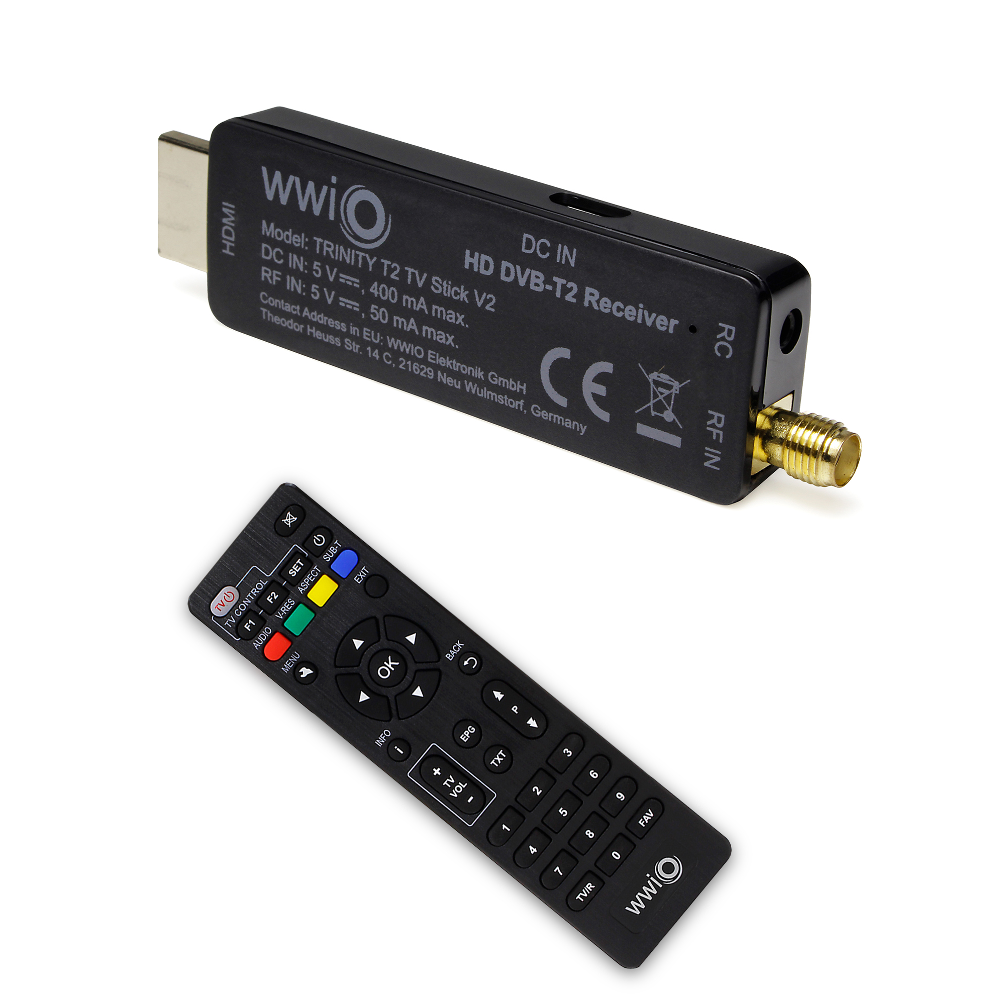 1920x1080 HD Receiver 2 T2 bis WWIO DVB-T2 in FULL TRINITY 1 DVB-T2 Receiver RCU WWIO Auflösung Stick Stick Kompakter TV