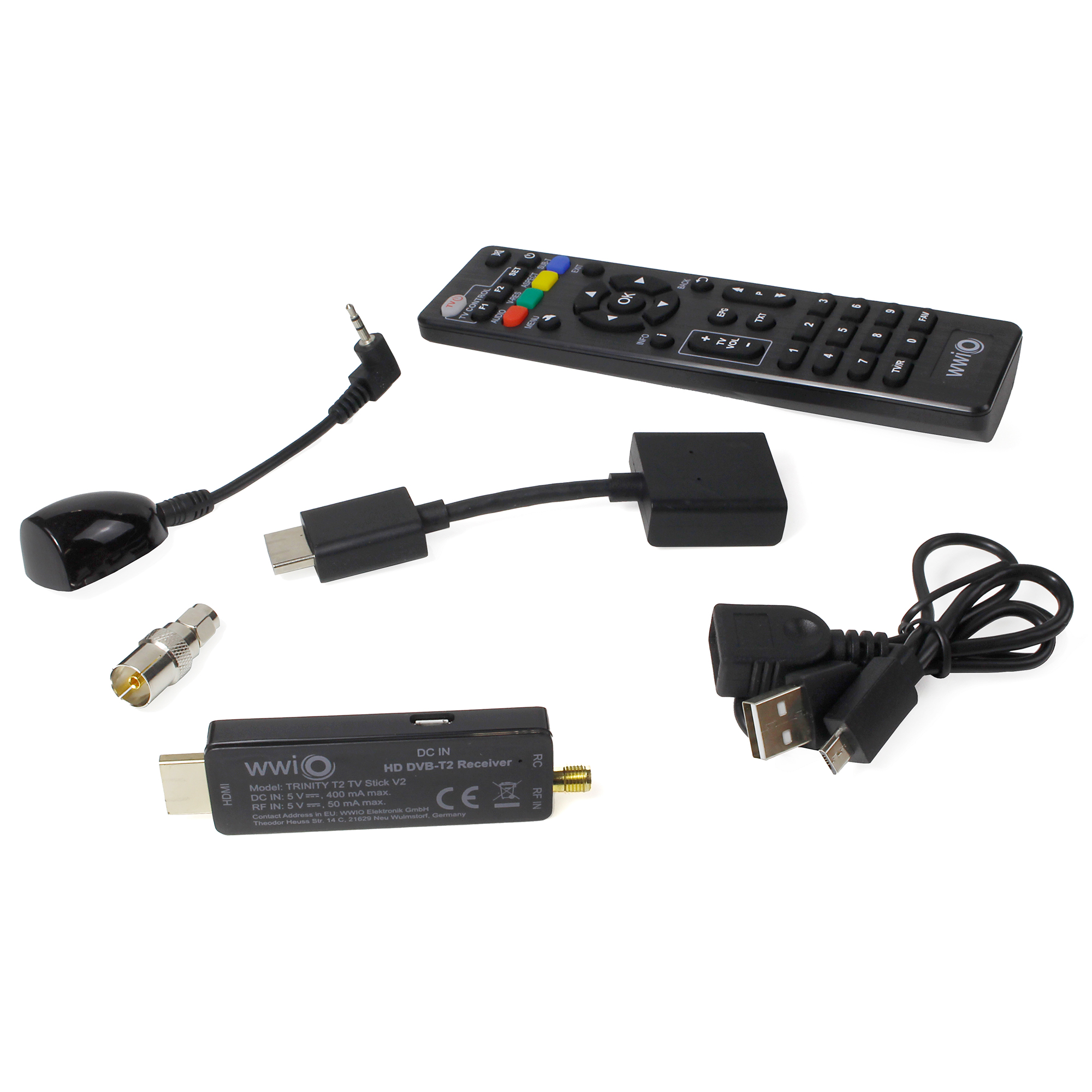 1920x1080 HD Receiver 2 T2 bis WWIO DVB-T2 in FULL TRINITY 1 DVB-T2 Receiver RCU WWIO Auflösung Stick Stick Kompakter TV