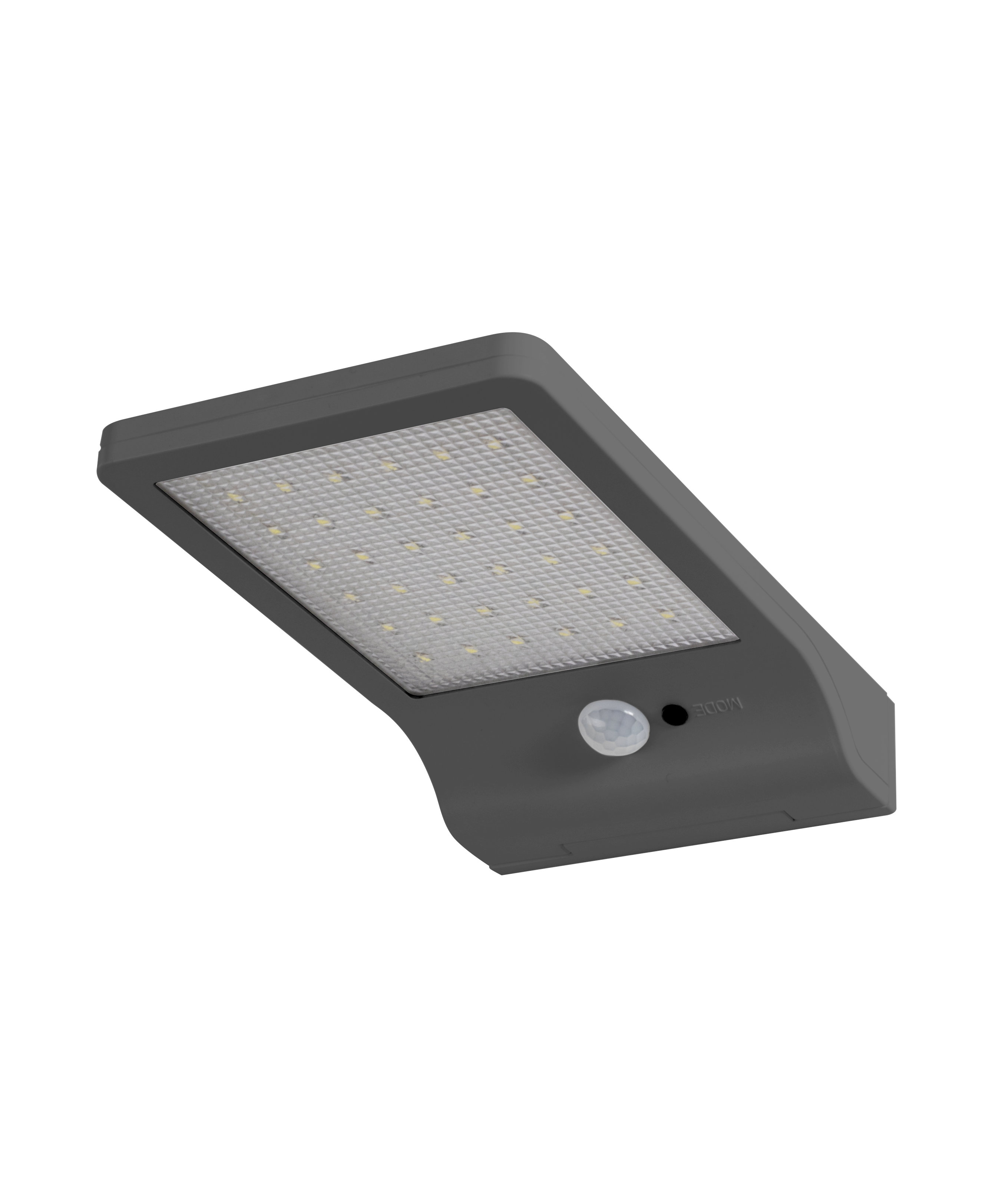 Dunkelgraue solarbetriebene LED-Leuchte. Sie hat einen Bewegungssensor und eine Modustaste.