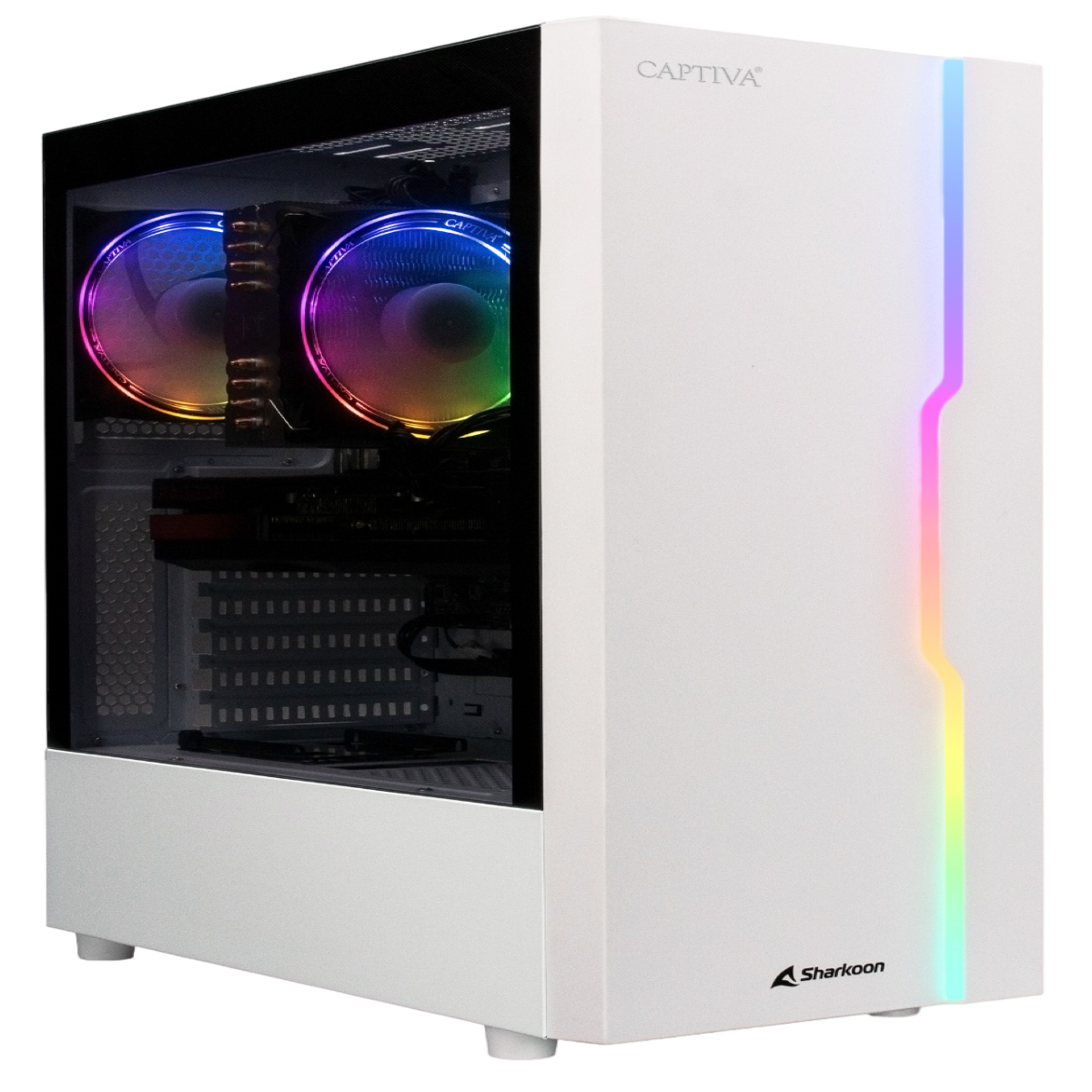 Biała obudowa komputera ze szklanym panelem bocznym. Wnętrze z wentylatorami z tęczowymi światłami, Captiva.