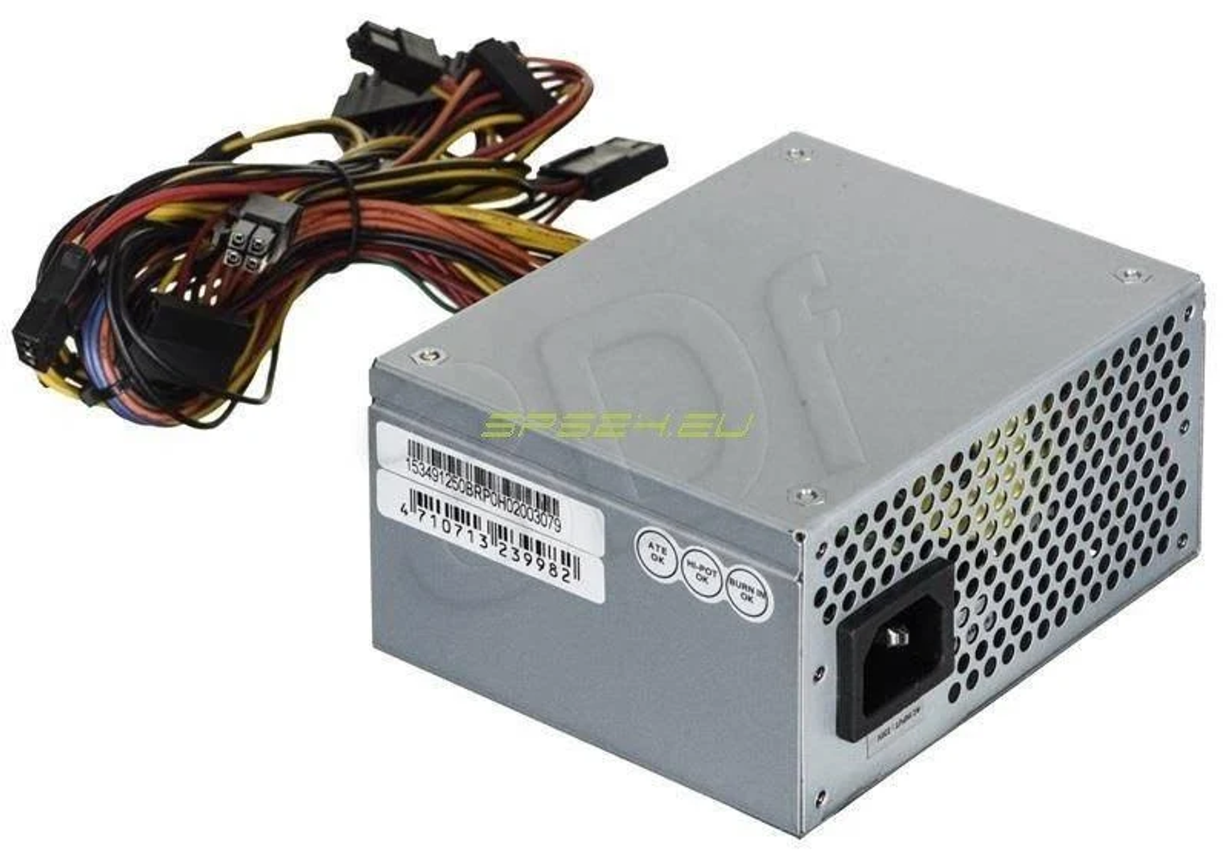 Zasilacz komputerowy z kablami, na białym tle.