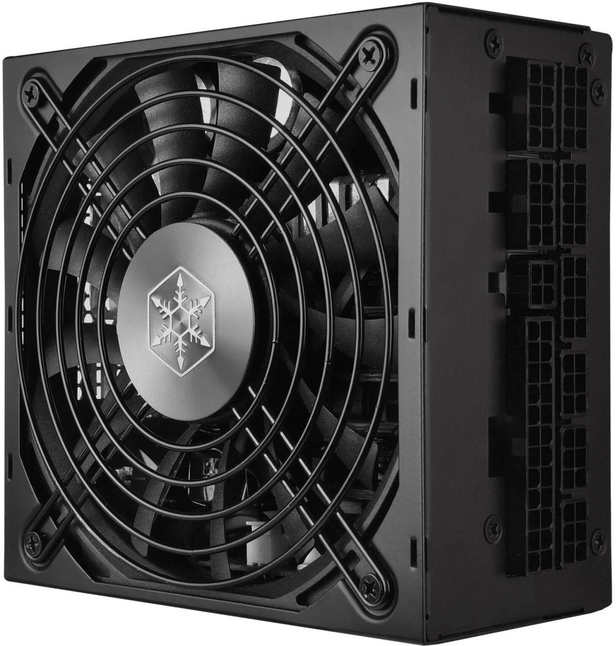 Un alimentatore per computer nero, con una grande ventola e più connettori laterali.