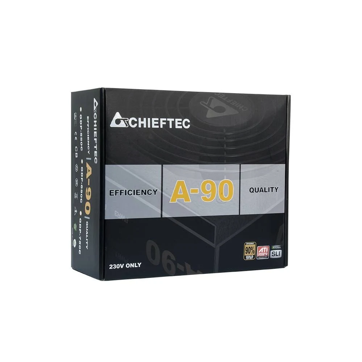 Scatola dell'alimentatore Chieftec nera e grigia su sfondo bianco.