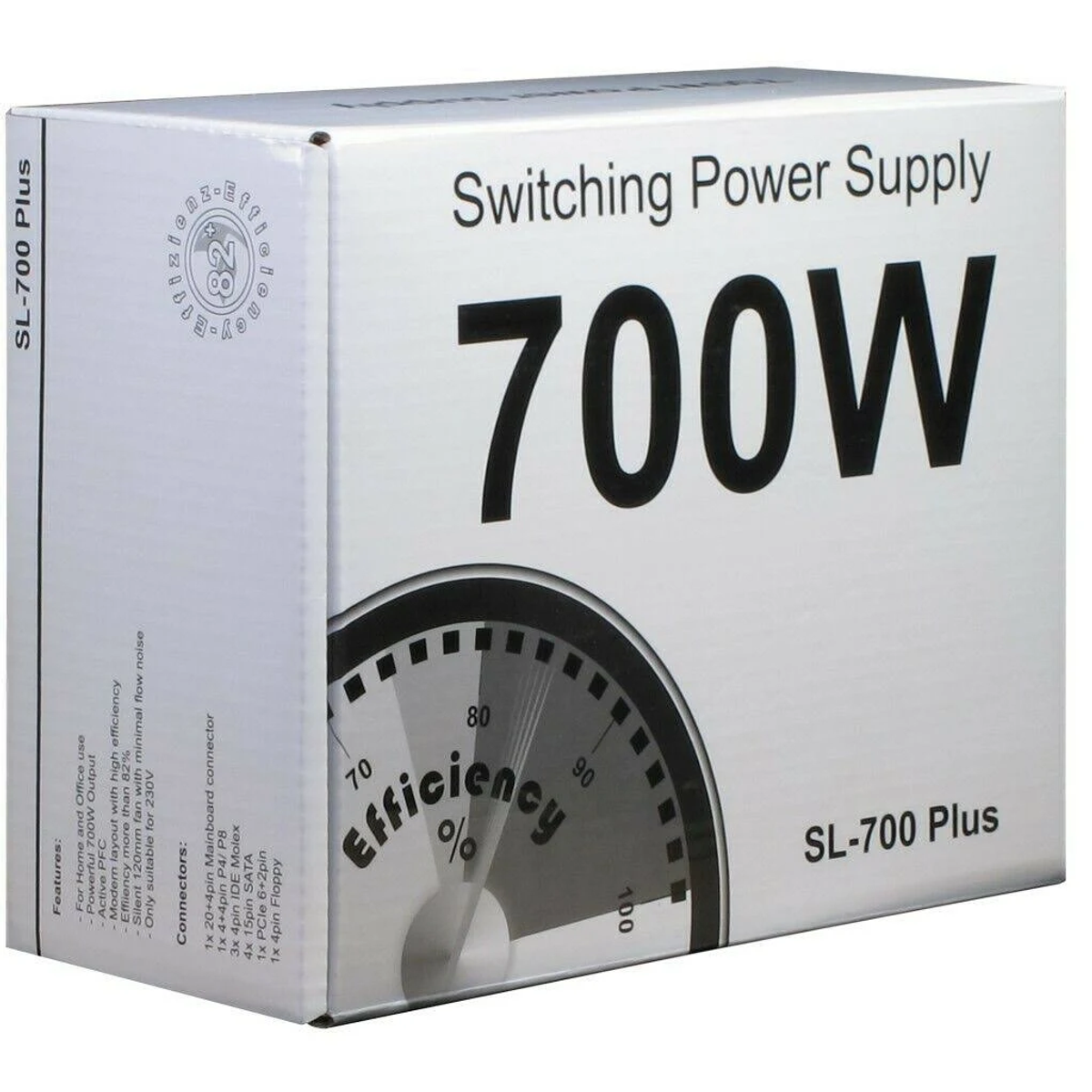 Białe pudełko z etykietą Switching Power Supply 700W. Wykres wydajności i szczegóły.