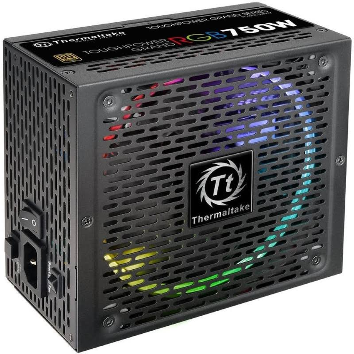 A black power supply with a mesh front, with a fan visible inside. It has a power switch.