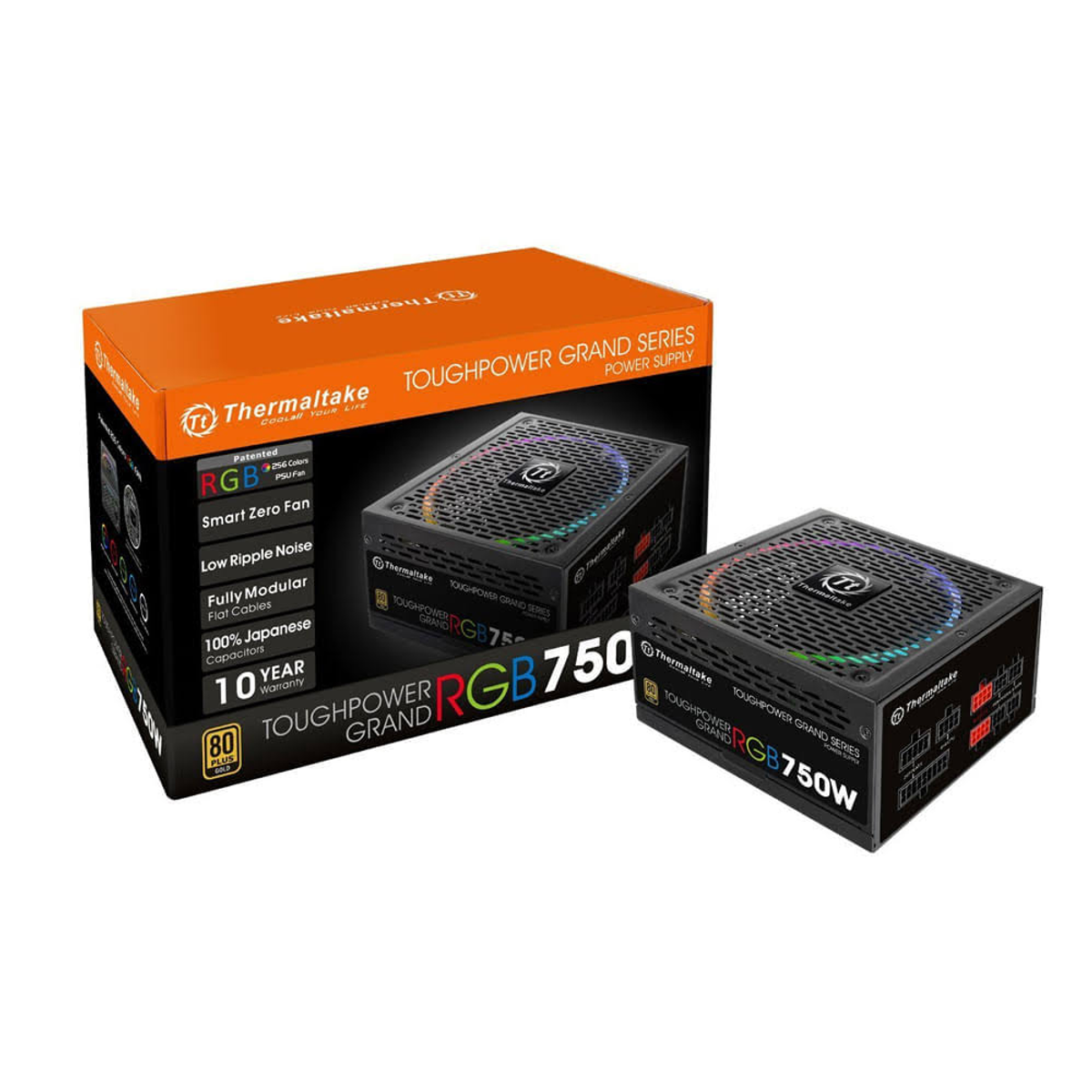 Box with a Thermaltake power supply unit. Features RGB lighting and 750W capacity.