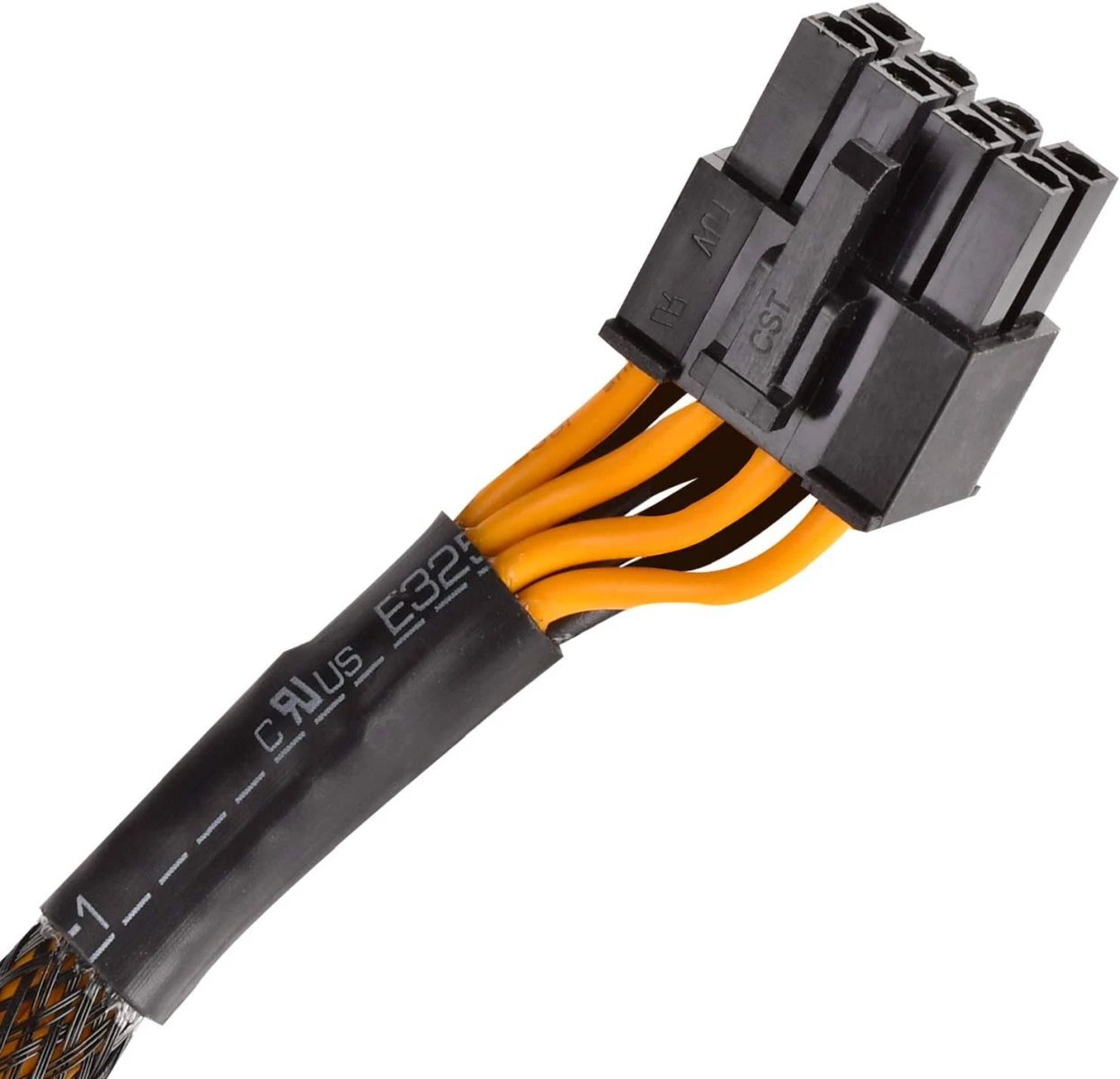 Czarne i pomarańczowe złącza zasilacza komputera. Kable są połączone i zamknięte w czarnej osłonie.