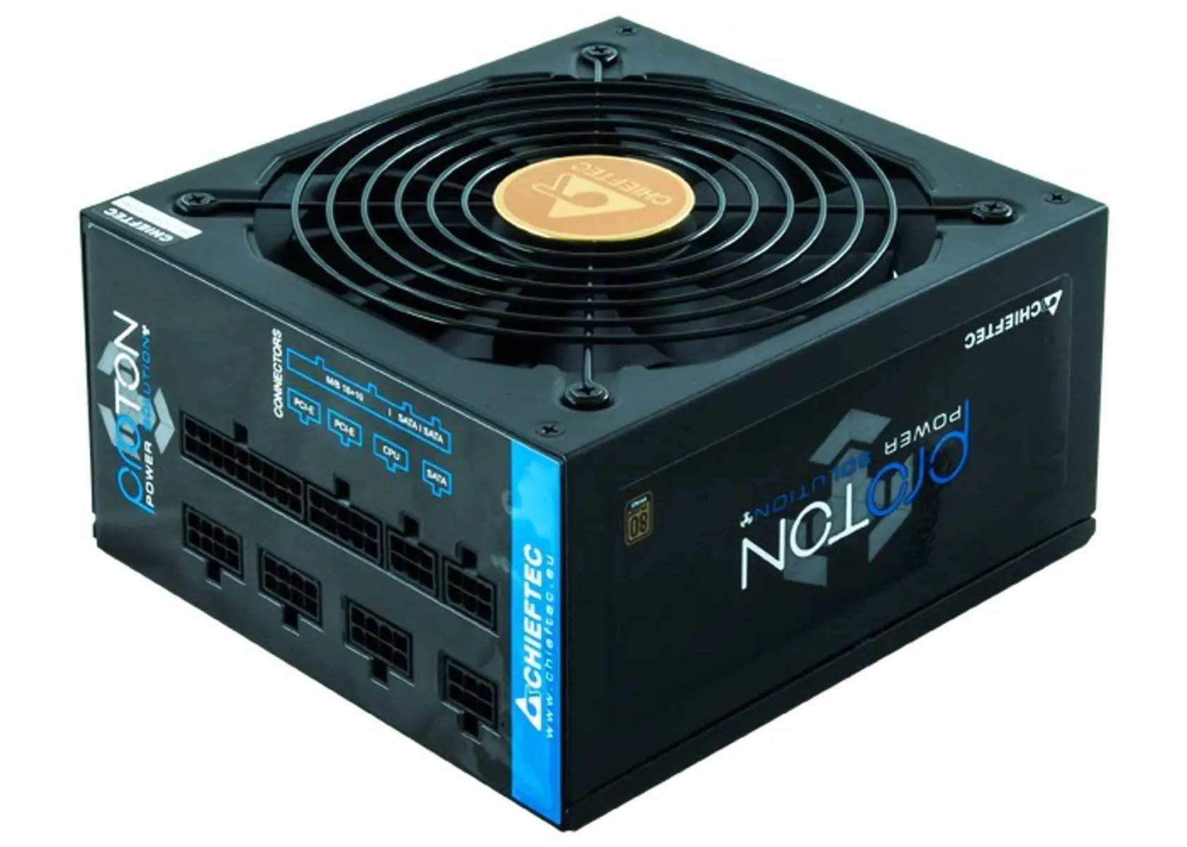 Black computer power supply unit with a fan, and the Photon Solution logo.
