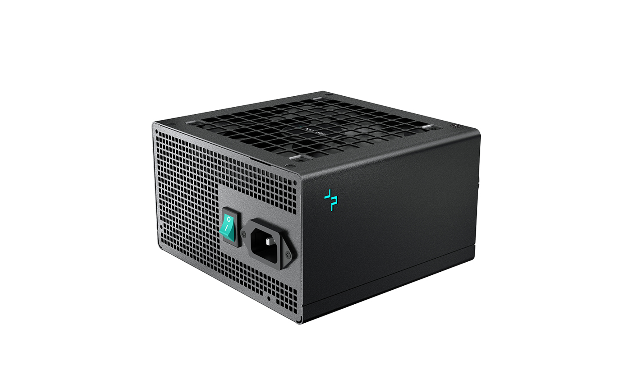 Alimentatore per computer nero con ventola, pulsante di accensione e presa per cavo di alimentazione.