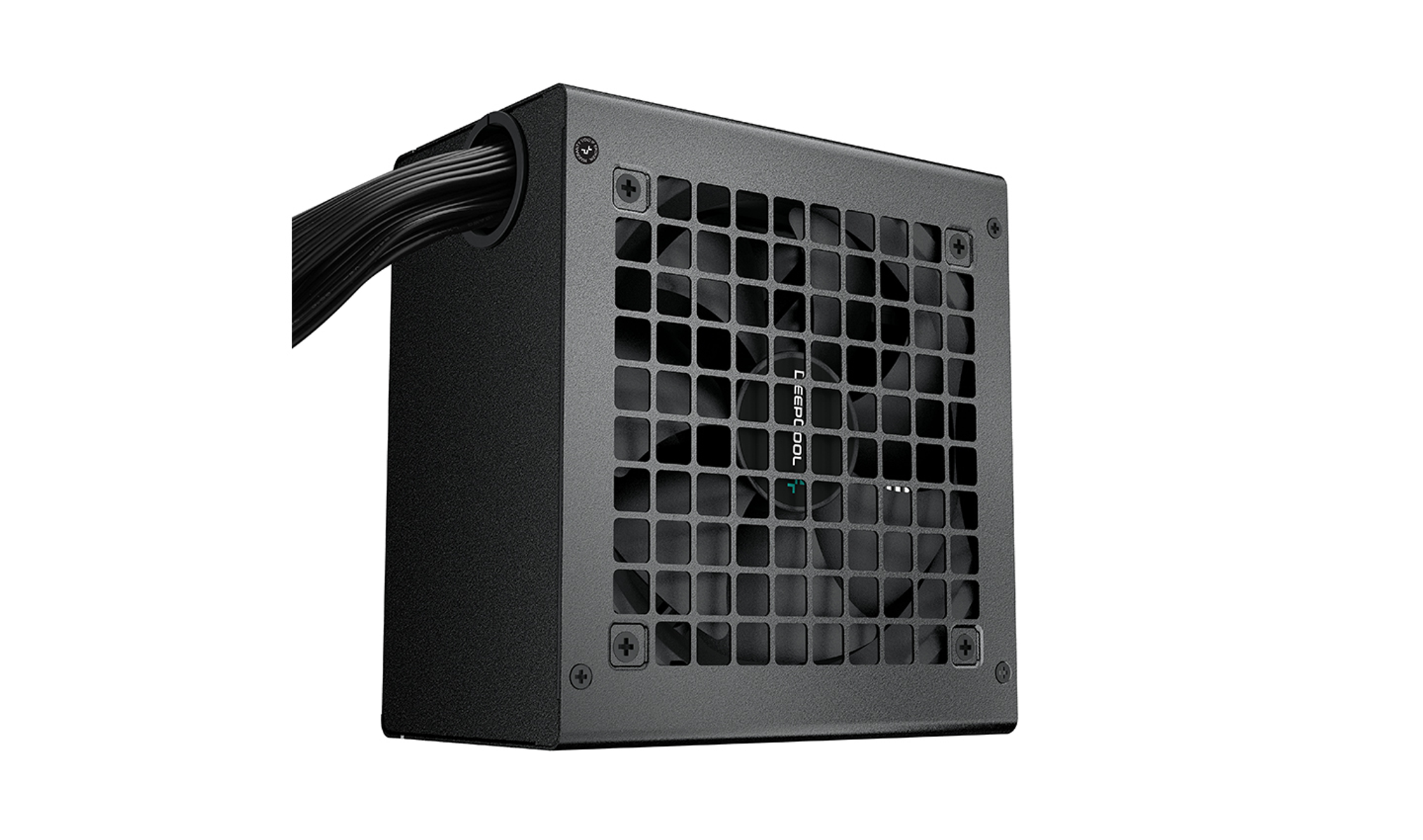 Alimentatore per computer nero con ventola coperta da una griglia. Le viti fissano l'alloggiamento.