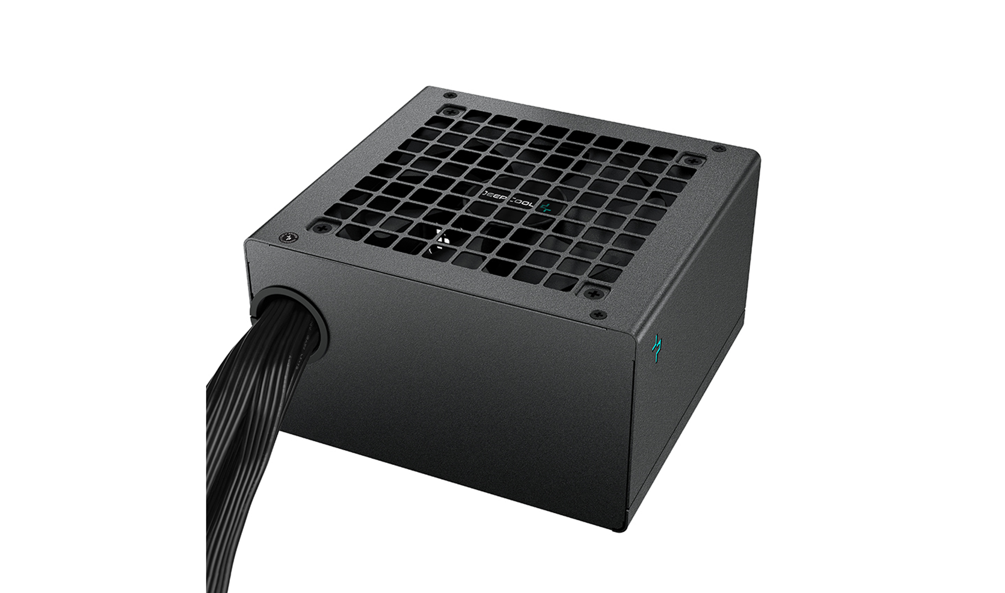 Alimentatore per computer nero con prese d'aria e un cavo che esce.