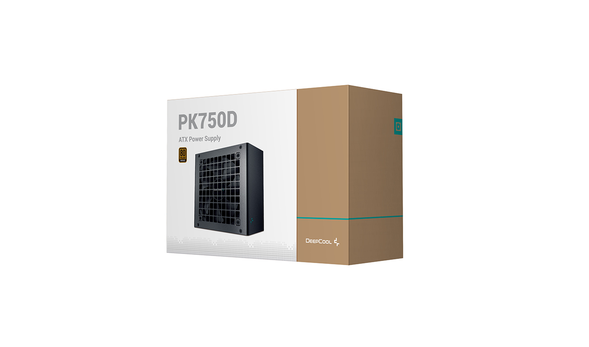 Scatola per alimentatore ATX DEEPCOOL, ventola nera visibile, con testo 'PK750D'.