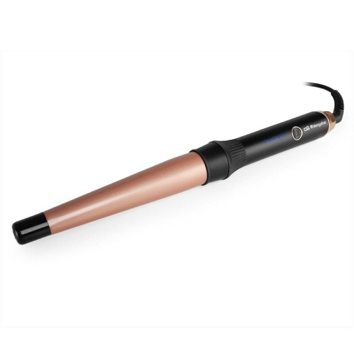 Un rizador negro y oro rosa sobre un fondo blanco, inclinado hacia la derecha.