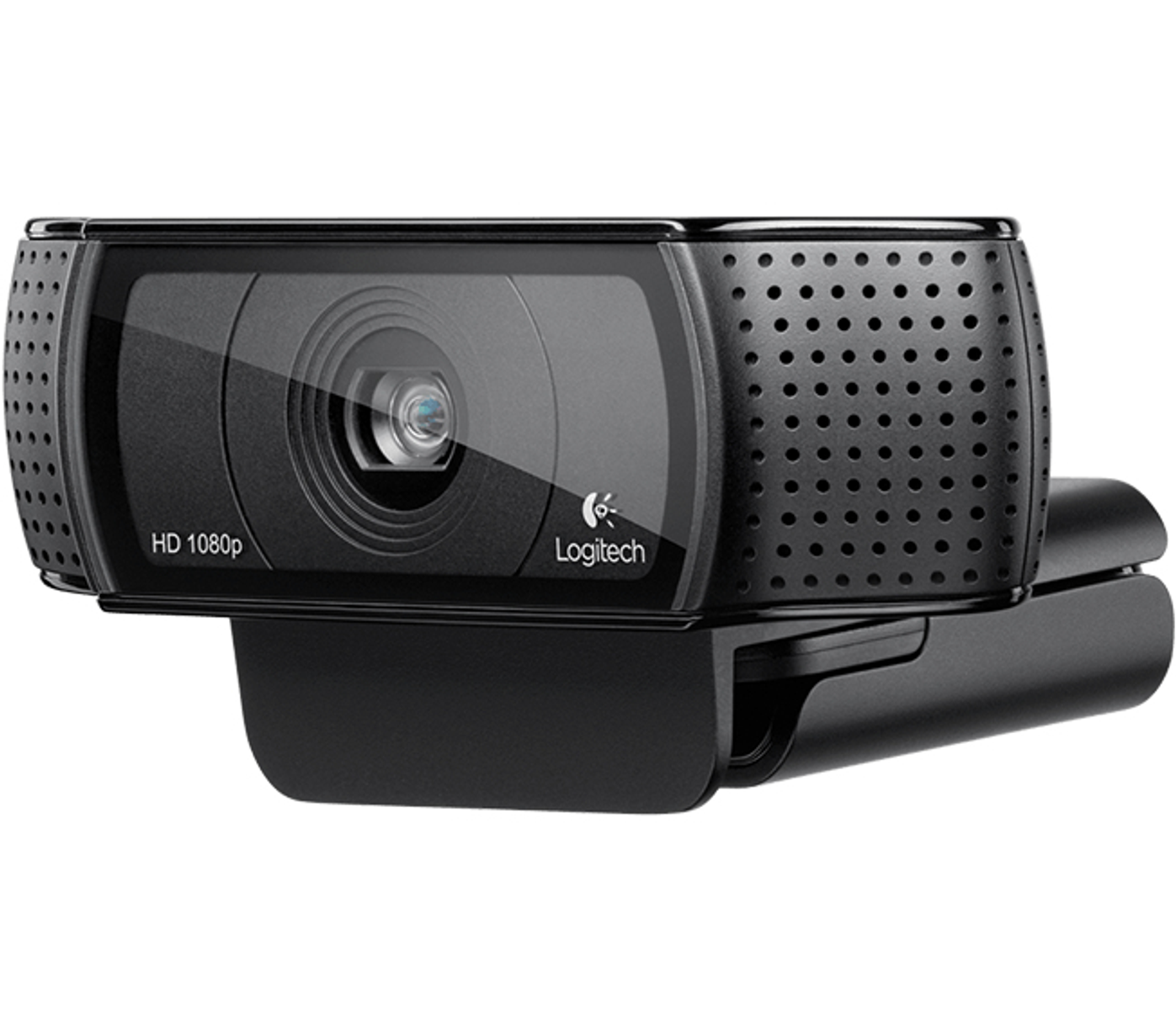 Webcam Logitech nera con obiettivo grandangolare, su un supporto.