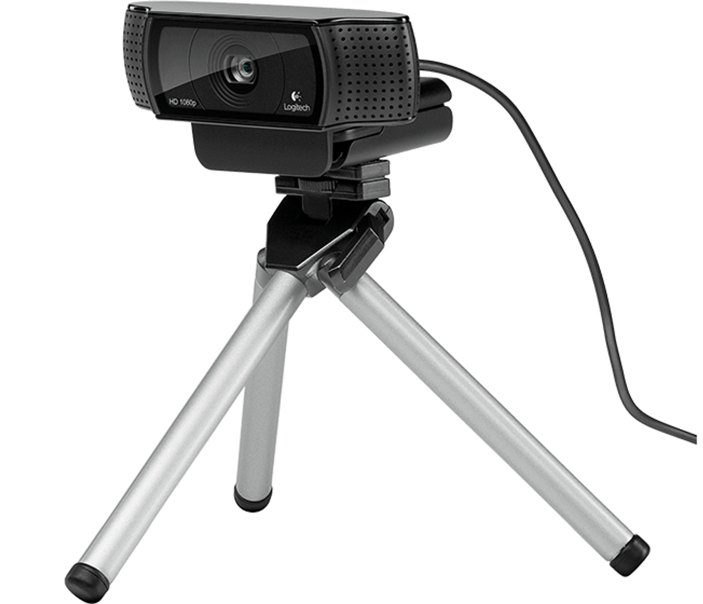 Webcam Logitech nera su treppiede argentato, con cavo nero.