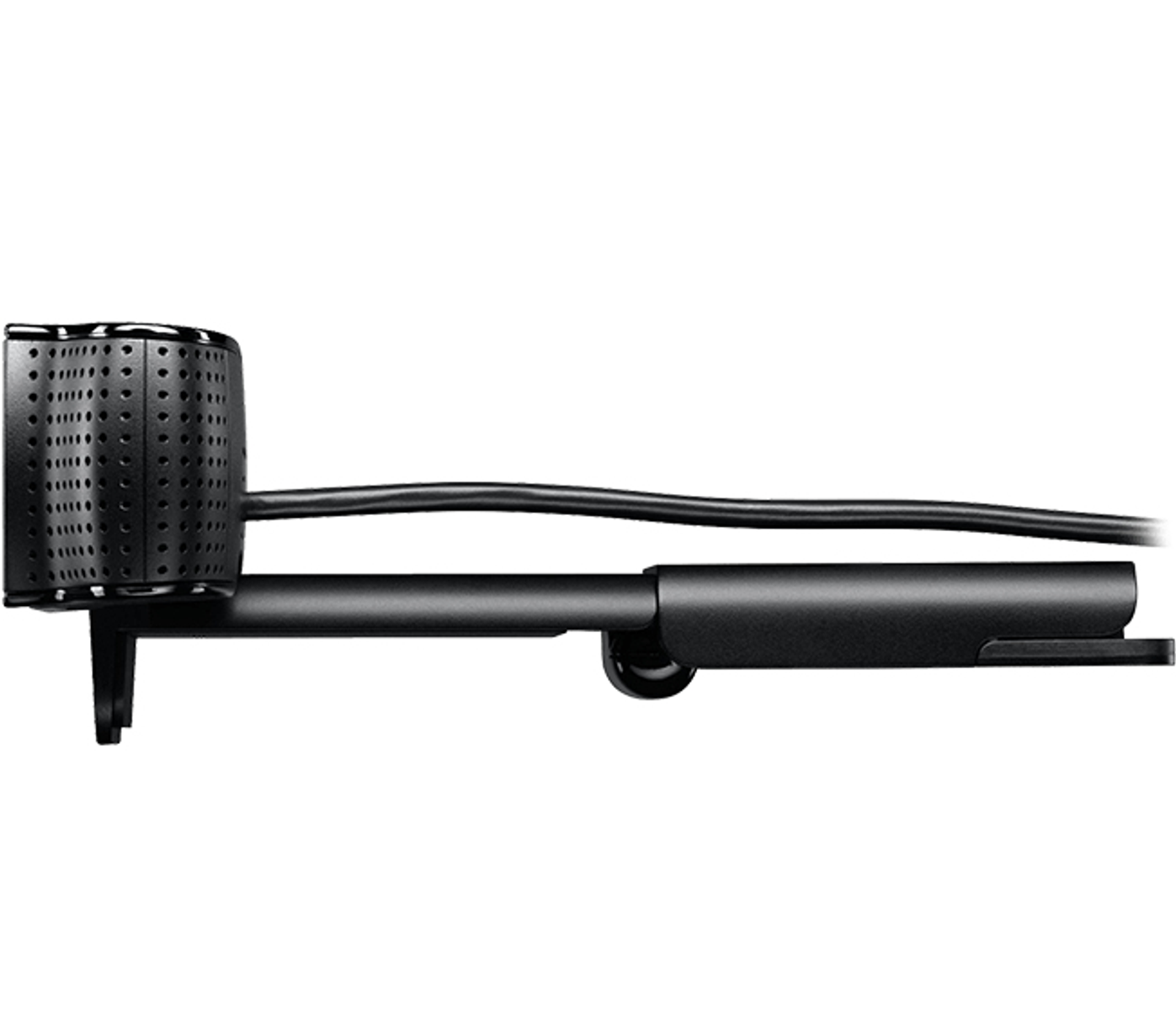 Webcam nera su un supporto, con microfono e cavo.