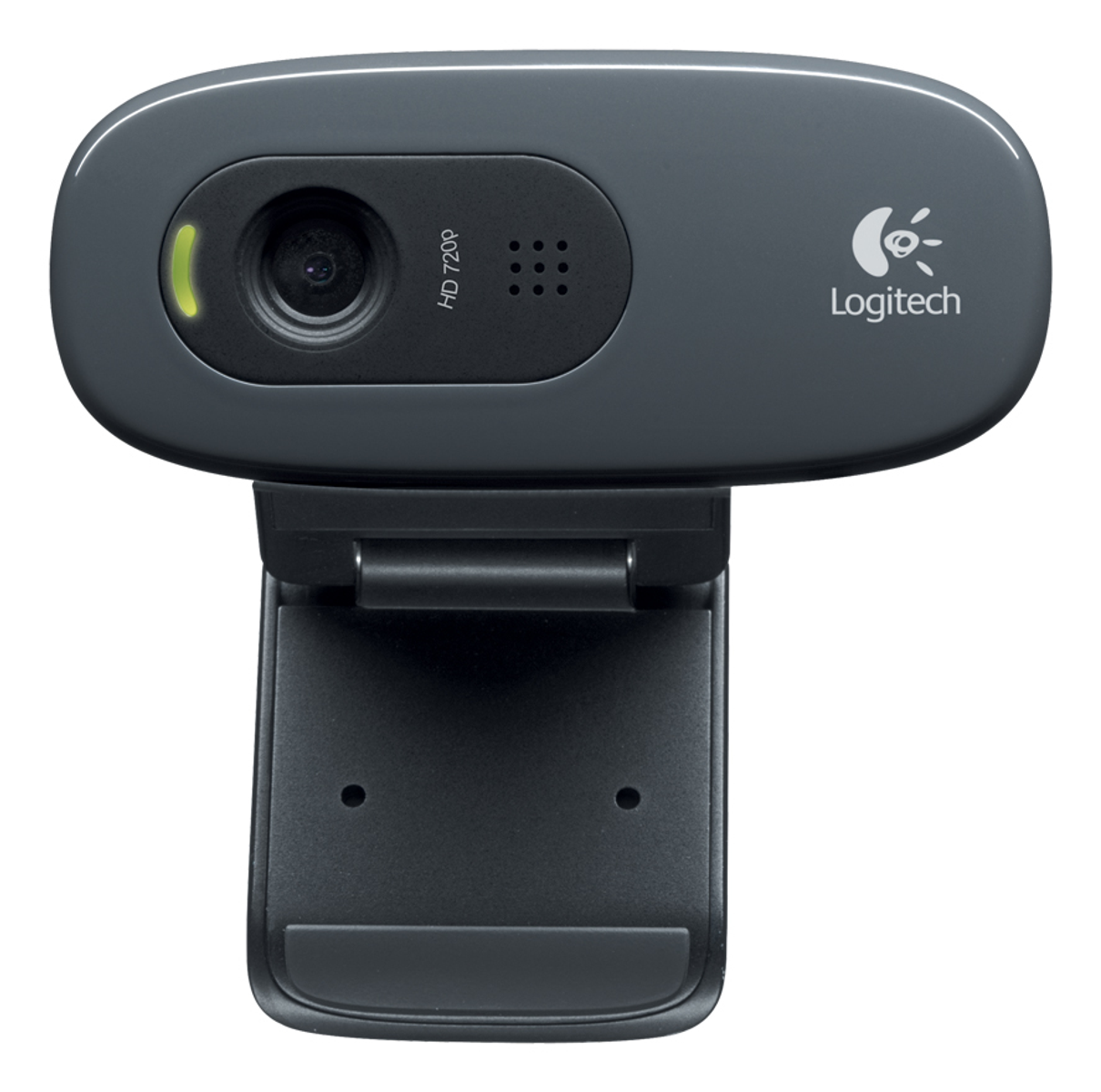 Webcam Logitech grigia con base nera, isolata su bianco. Ha una luce. Logo Logitech visibile.