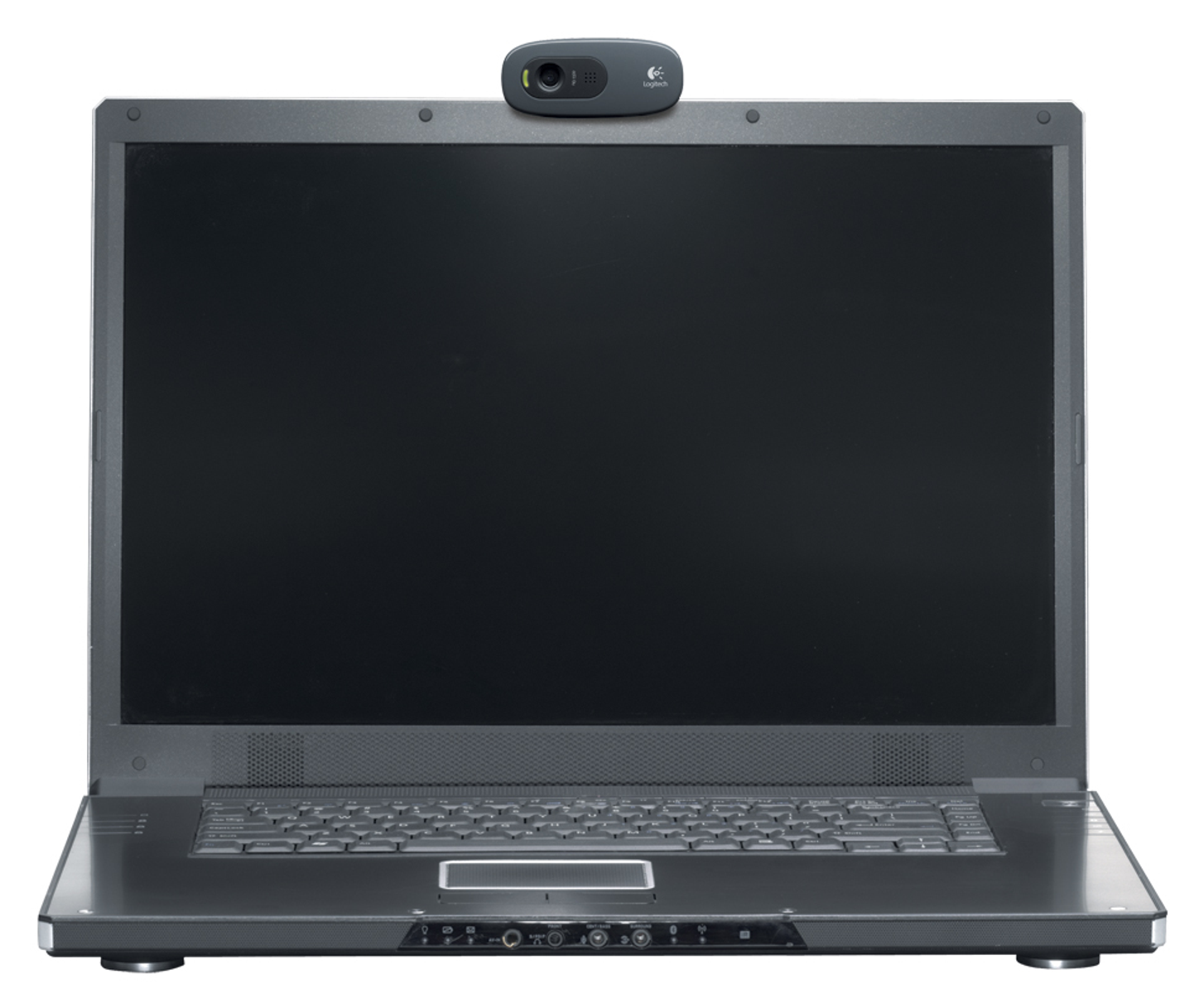 Laptop con una webcam in alto. Lo schermo è nero e il laptop è grigio.