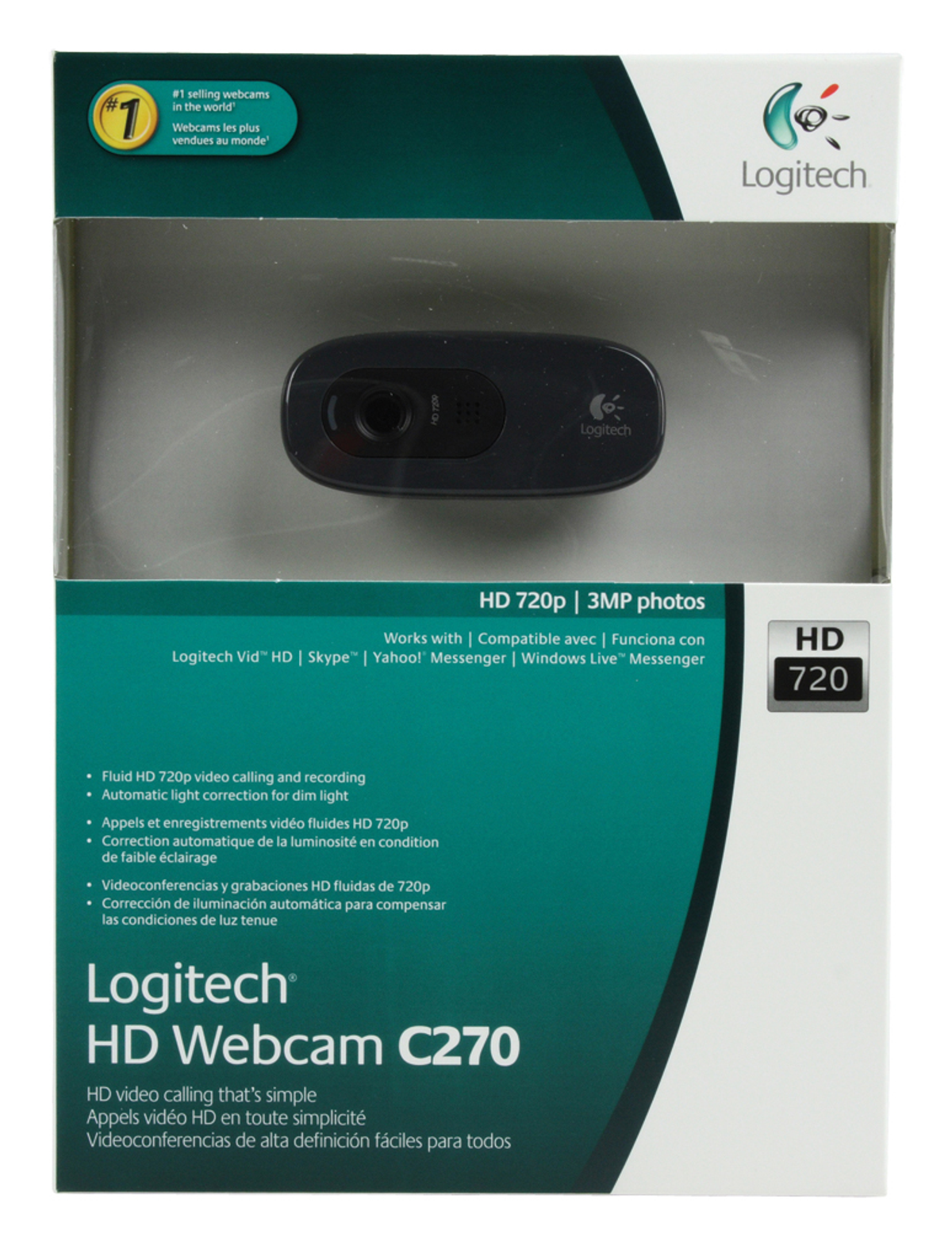 Webcam Logitech HD in una scatola con descrizioni e sfondo bianco.