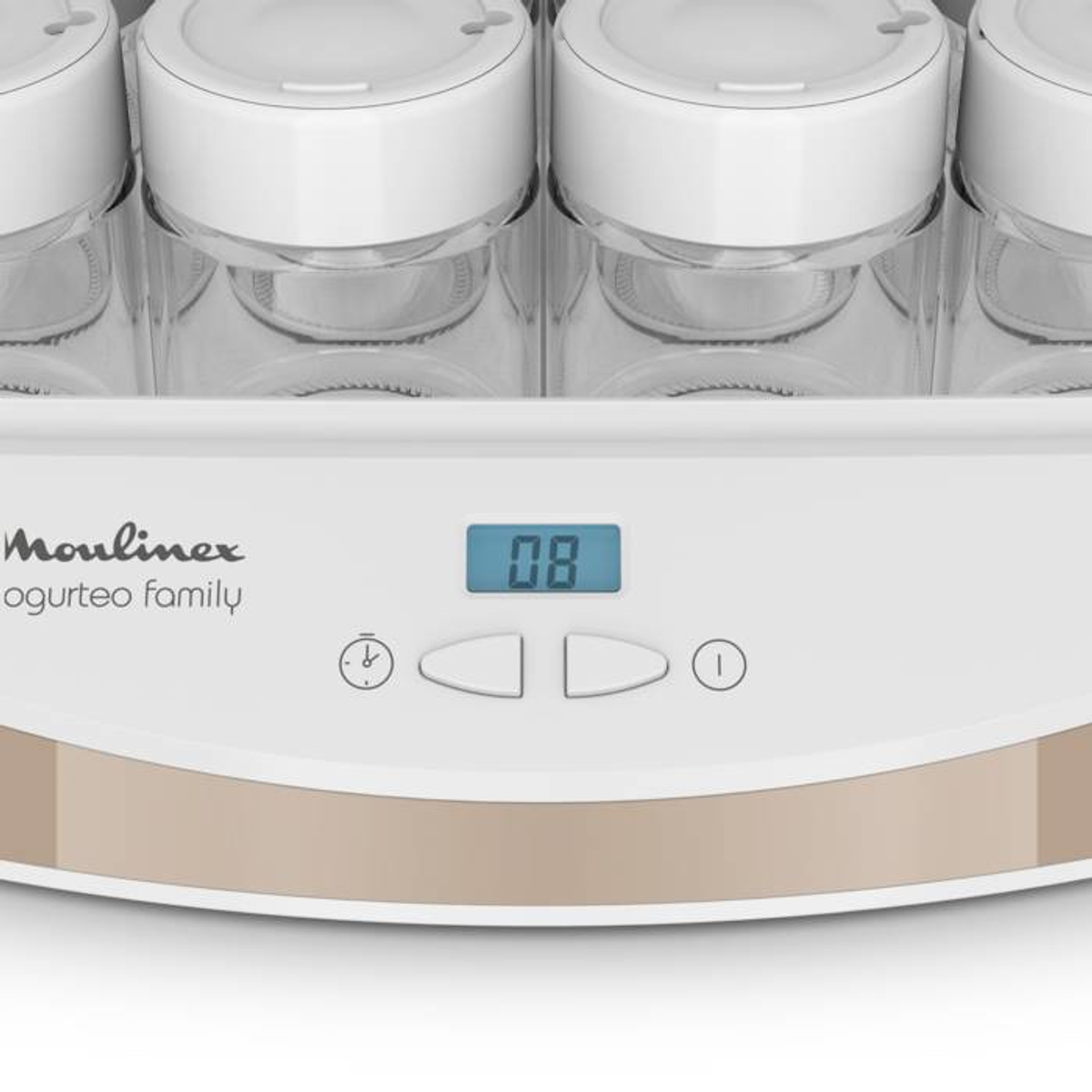 Yogurtiere con display digitale. Ha pulsanti e un'interfaccia timer.