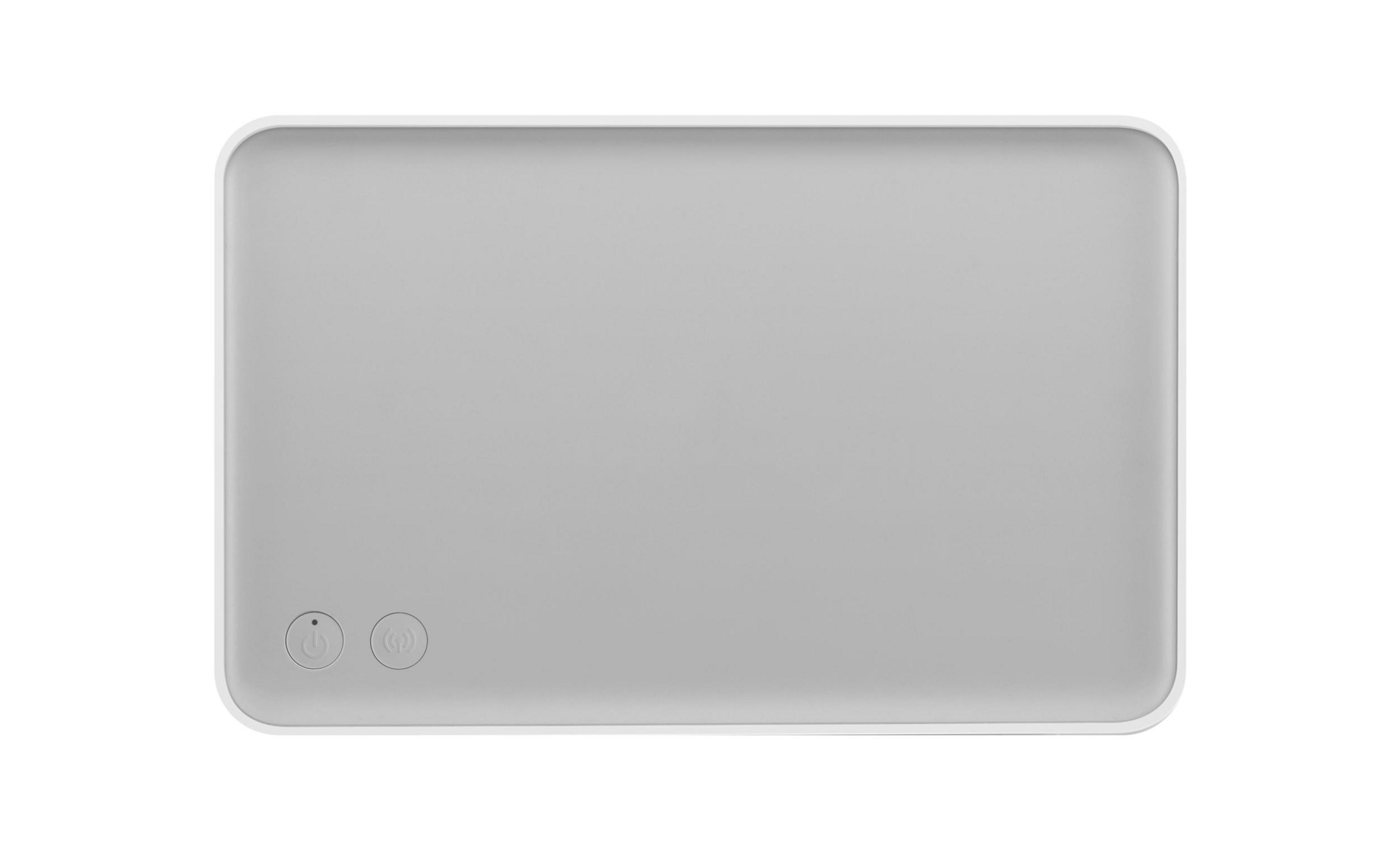 Szare prostokątne urządzenie z dwoma przyciskami zasilania. Zaokrąglone rogi i biała ramka.