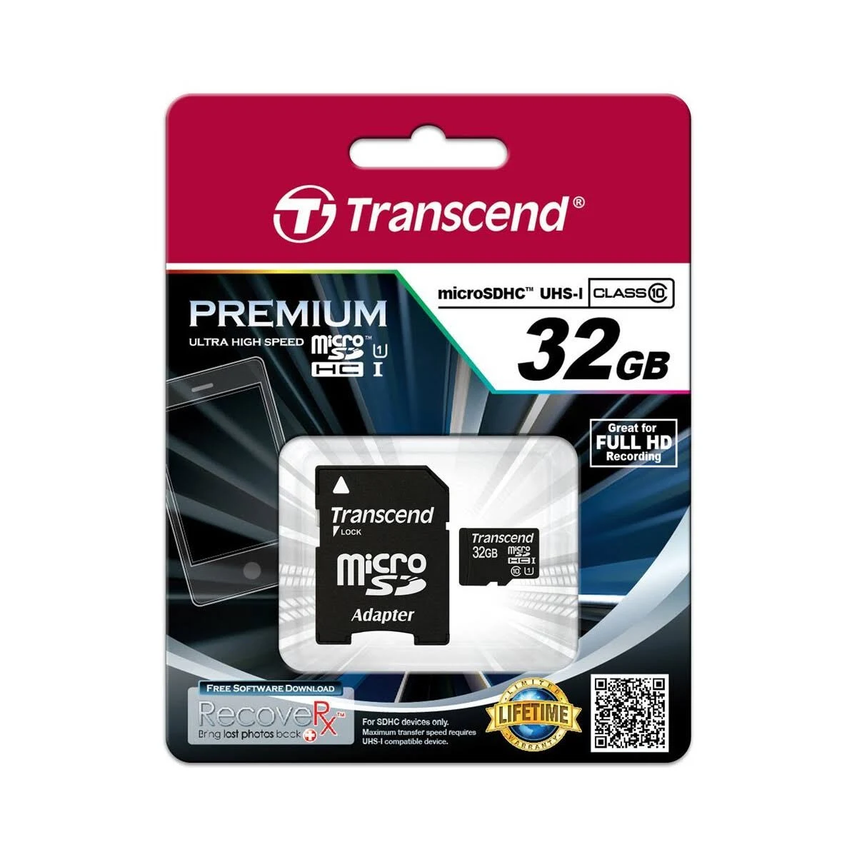 Eine Transcend microSD-Kartenverpackung. Sie enthält Karte und Adapter, mit Text und Branding.