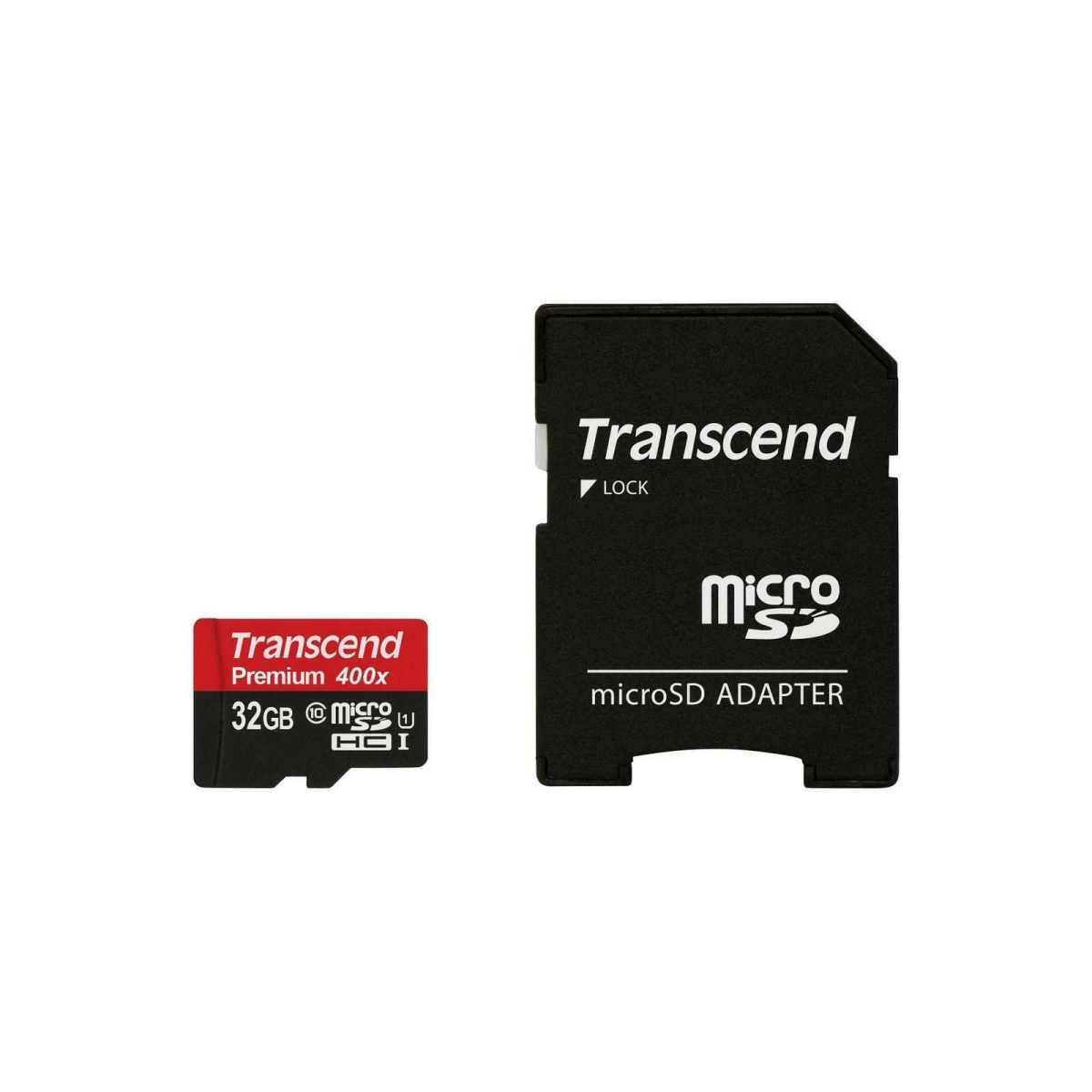 Schwarze microSD-Karte und Adapter. Die Karte ist rot und schwarz, der Adapter ist schwarz.
