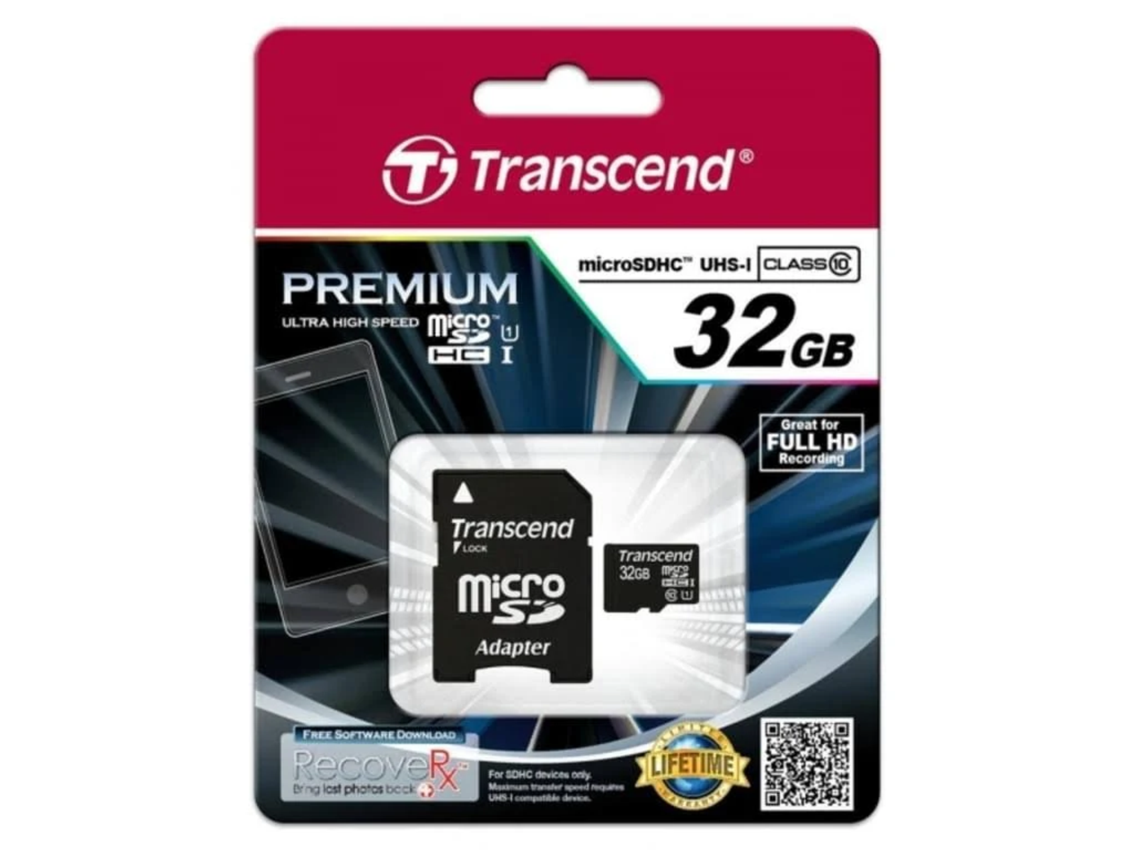 Eine Transcend microSD-Karte mit Adapter in einer Verpackung, die Karte und Adapter zeigend. Auf weißem Hintergrund.
