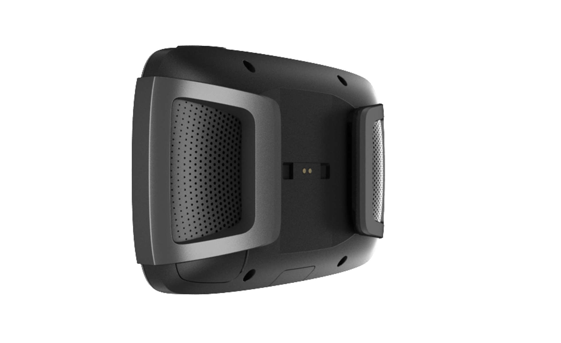 Tył czarnego urządzenia inteligentnego. Zawiera głośniki i port ładowania.