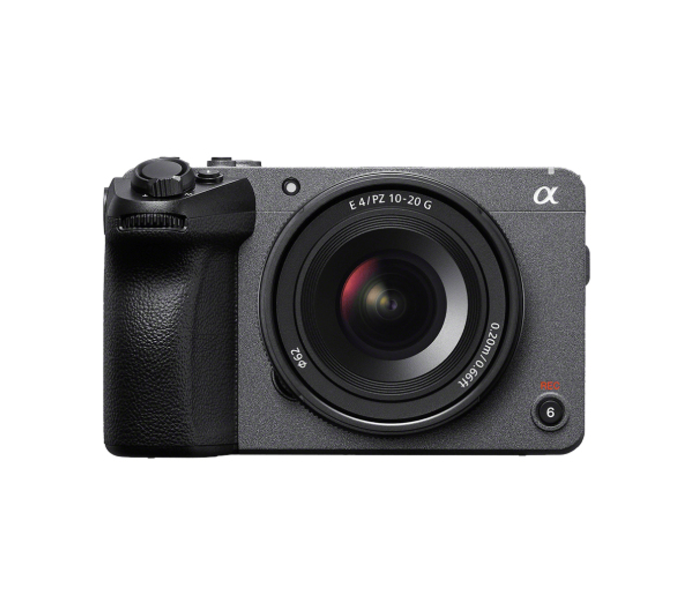 Una cámara Sony gris con lente negra, agarre y controles sobre un fondo blanco.