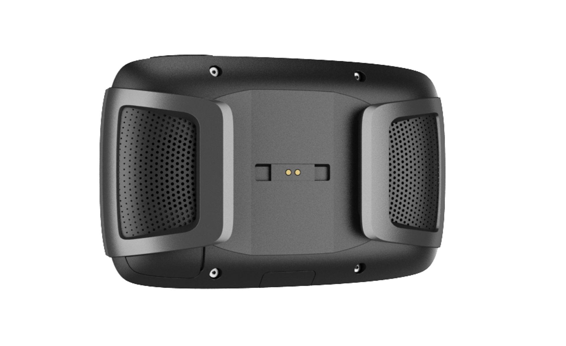 Czarna podstawa urządzenia z dwoma panelami bocznymi i portem ładowania. To widok z góry.