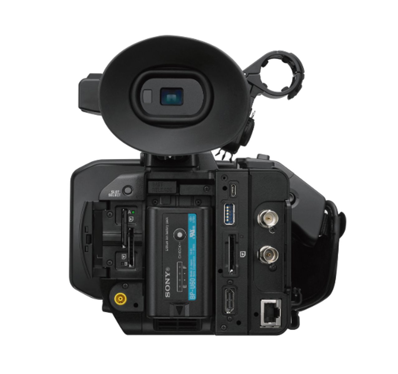 Retro di una videocamera professionale nera con batteria e porte.