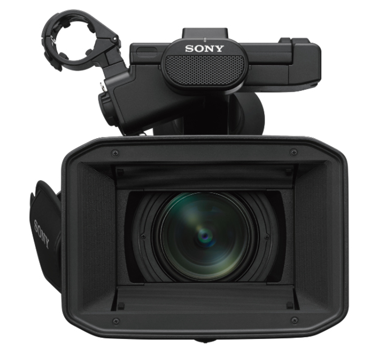 Vista frontale di una videocamera Sony nera. Presenta un obiettivo grande e un mirino.