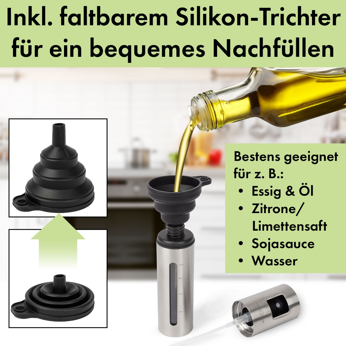 Trichter gießt Öl in eine Flasche. Schwarzer Trichter, Öl, Flasche und Text.