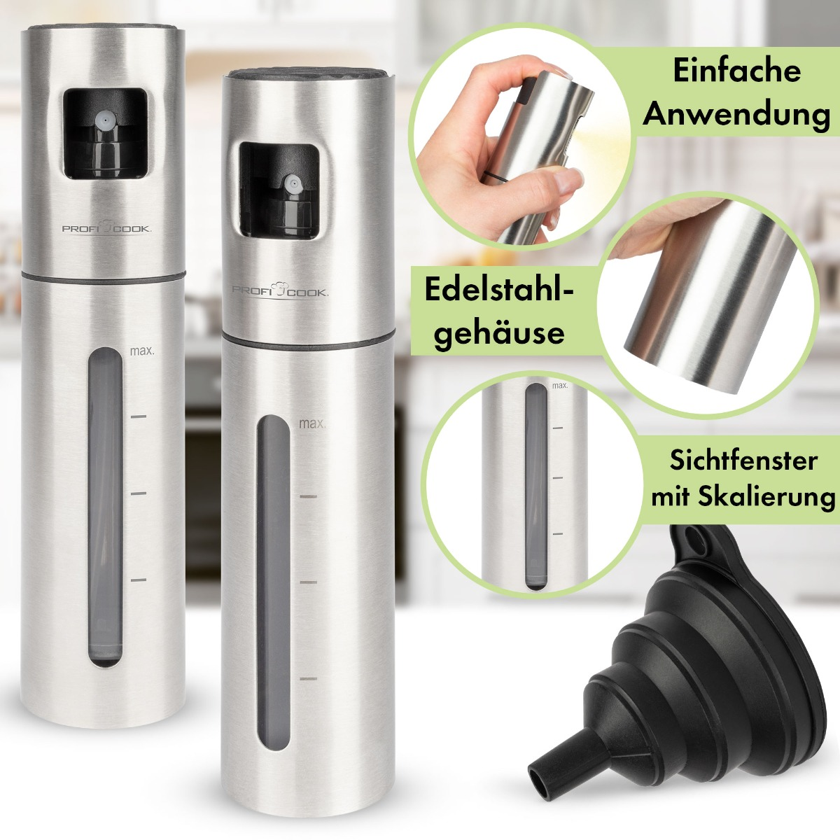 Ölsprühflaschen aus Edelstahl, mit Trichter und Text, der die Artikel beschreibt.