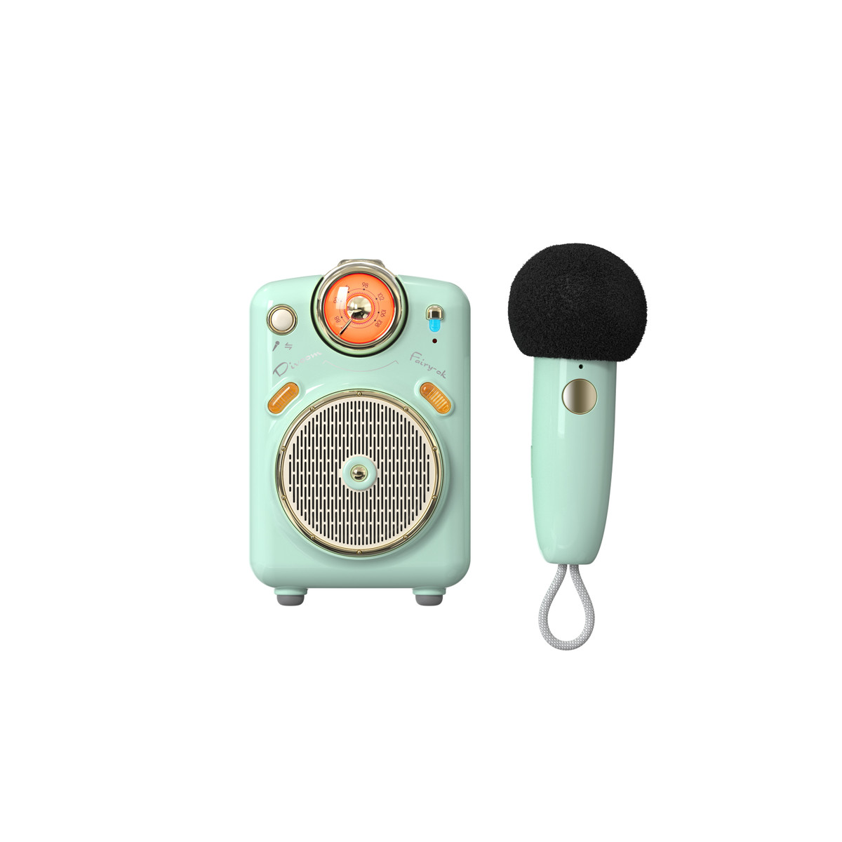 Głośnik w kolorze miętowym z mikrofonem. Głośnik ma wygląd vintage. Białe tło.