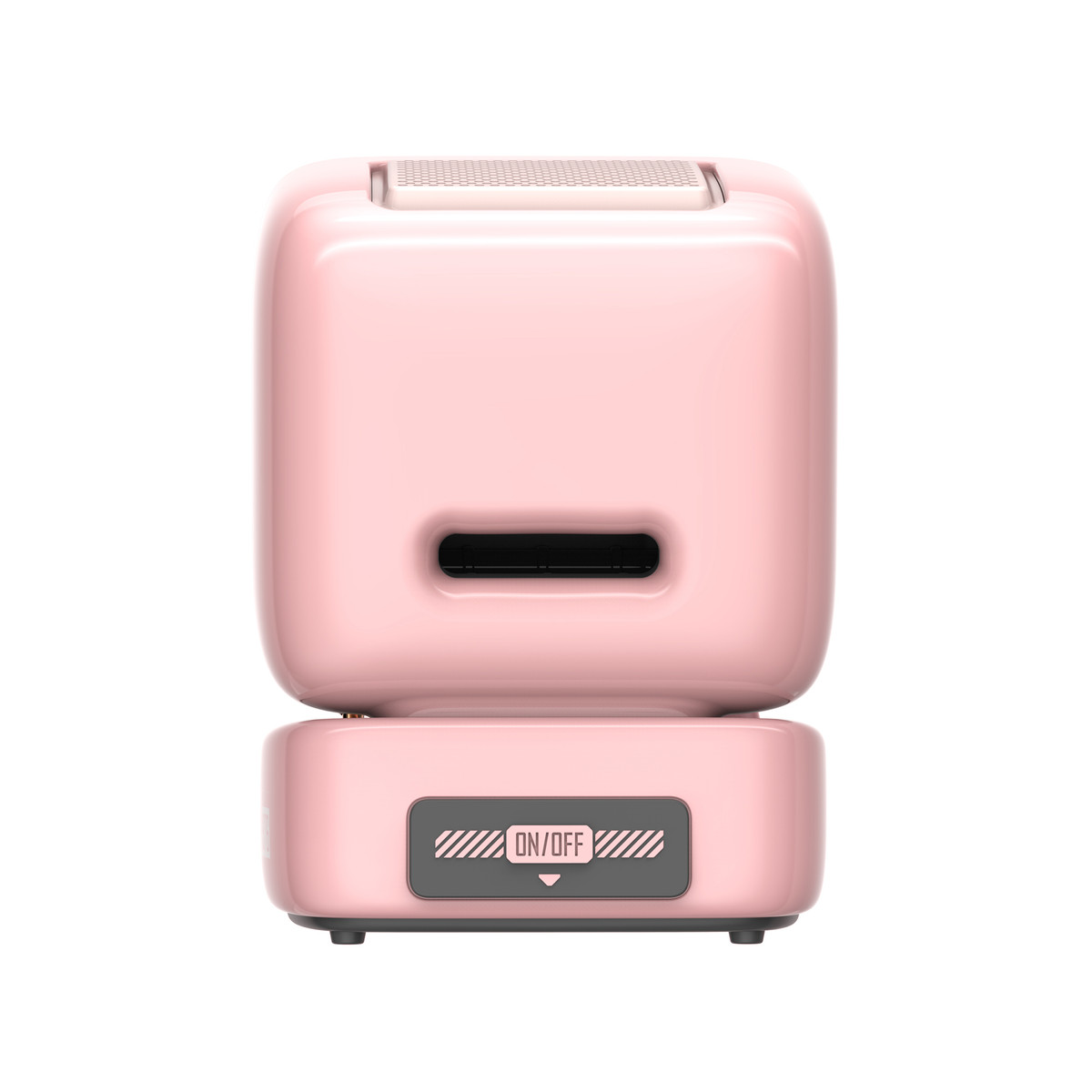 Un altoparlante rosa con uno schermo, che mostra il simbolo ON/OFF. Ha una piccola base rettangolare.