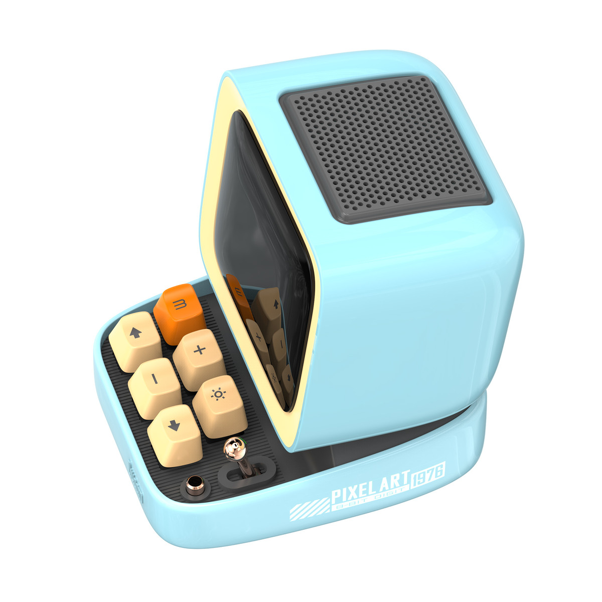 Un altoparlante blu pixel art con uno schermo e tasti della tastiera. Ha un joystick e un design retrò.