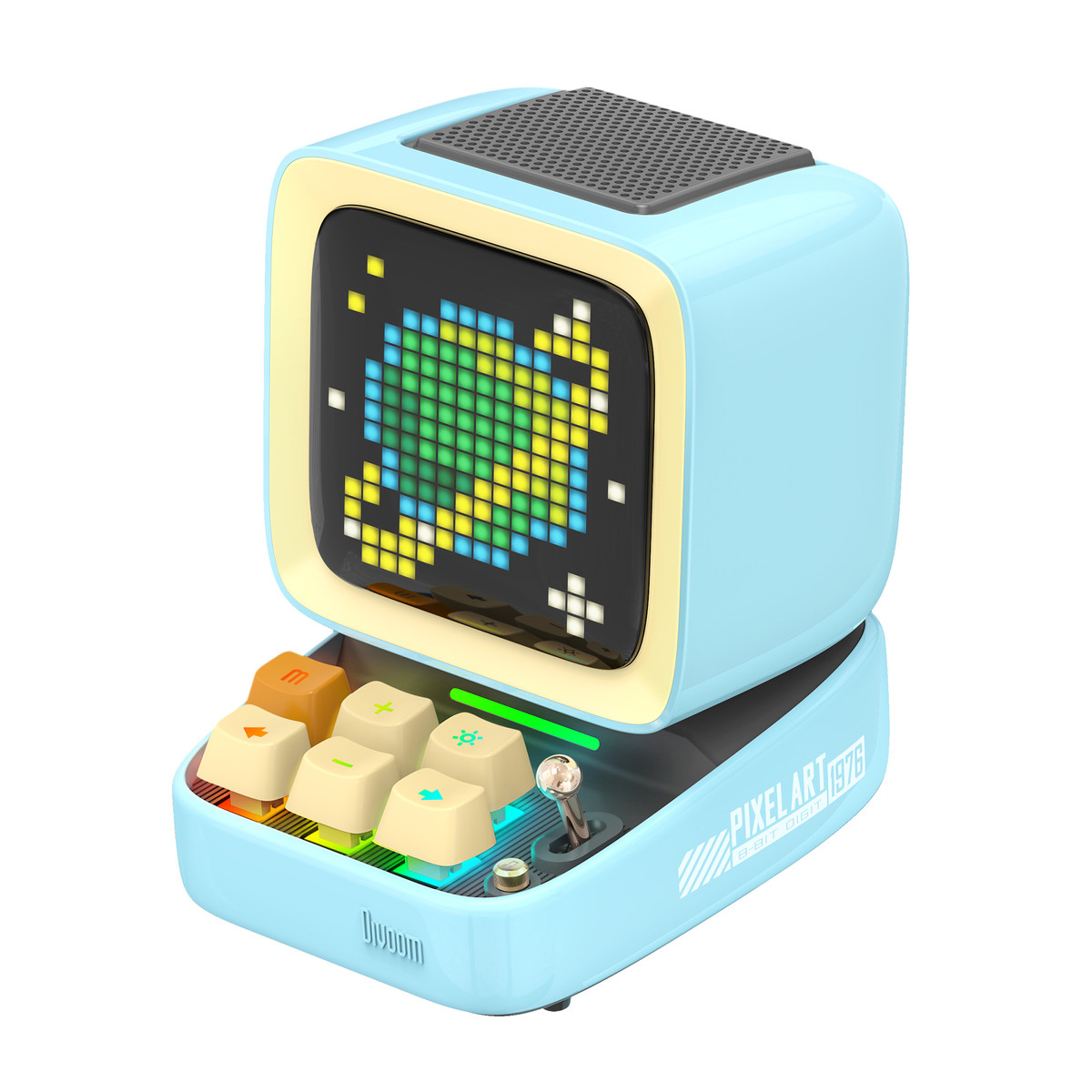 Altoparlante pixel art blu con schermo a globo. Pulsanti e joystick.