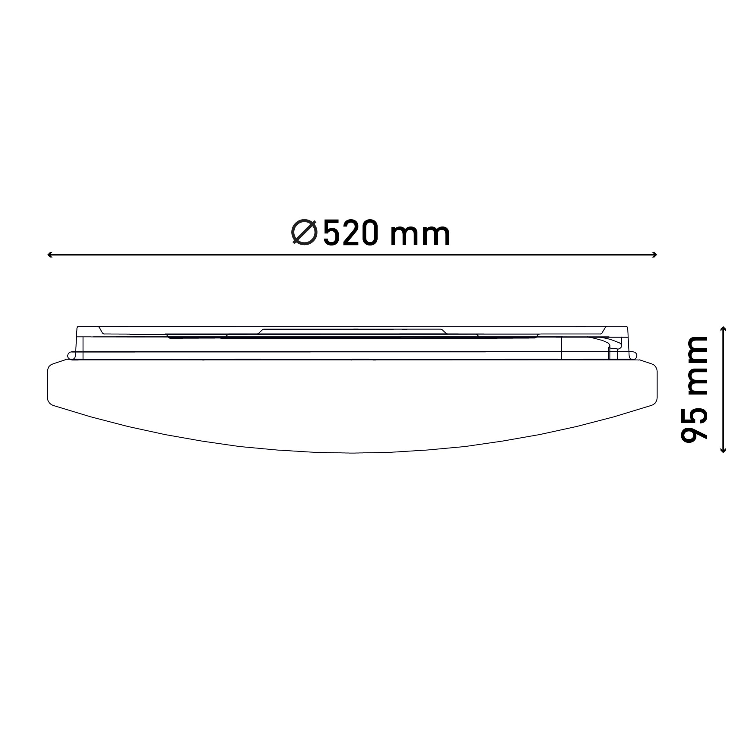 Eine weiße Deckenlampe, Seitenansicht, mit Maßen in mm: 520 mm Durchmesser, 95 mm Höhe.