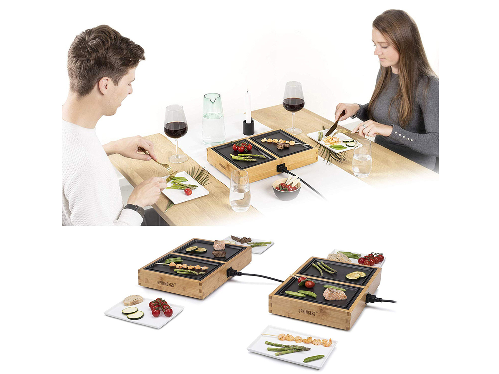 Zwei Personen essen an einem Tisch mit einem Raclette-Grill, verschiedenen Gerichten und Weingläsern.