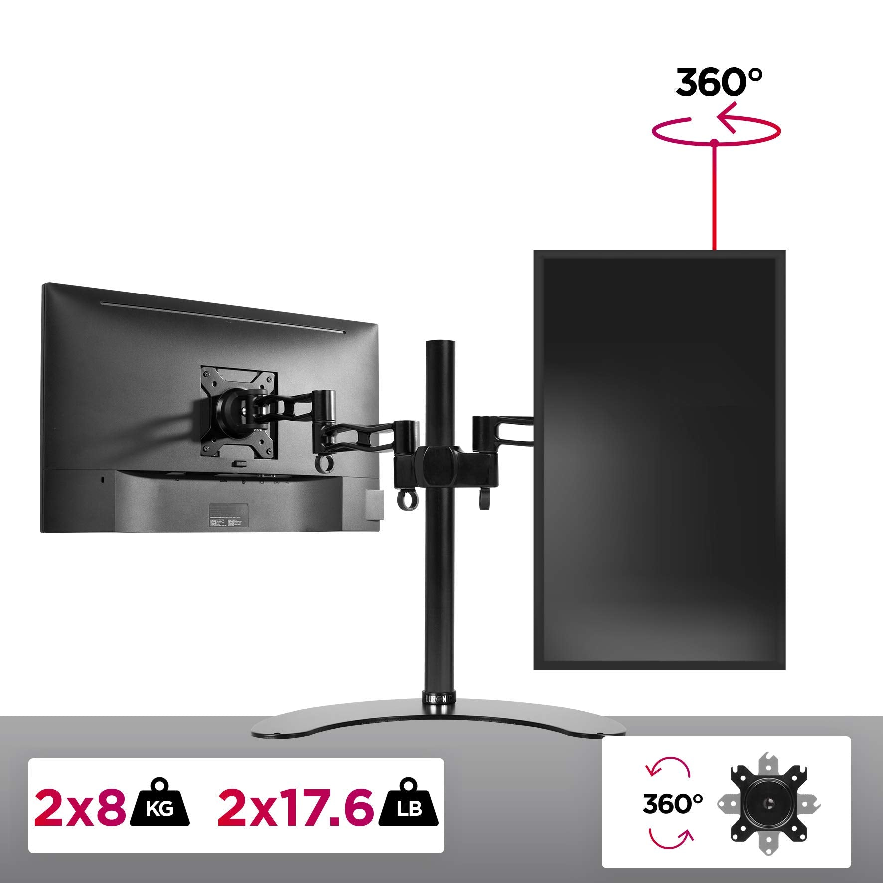 Zwei Monitore auf einem Ständer mit silberner Basis montiert. Pfeile zeigen 360° Drehung.
