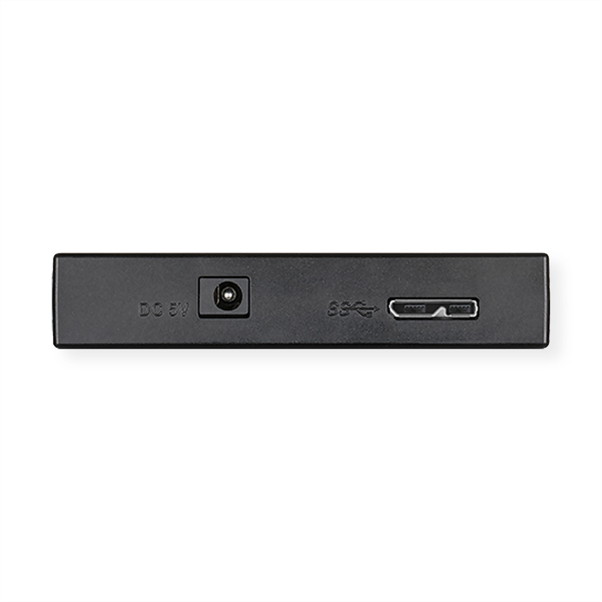 Zwart apparaat met DC 5V, SS en een micro-USB-poort. Het is een kleine, rechthoekige elektronische component.